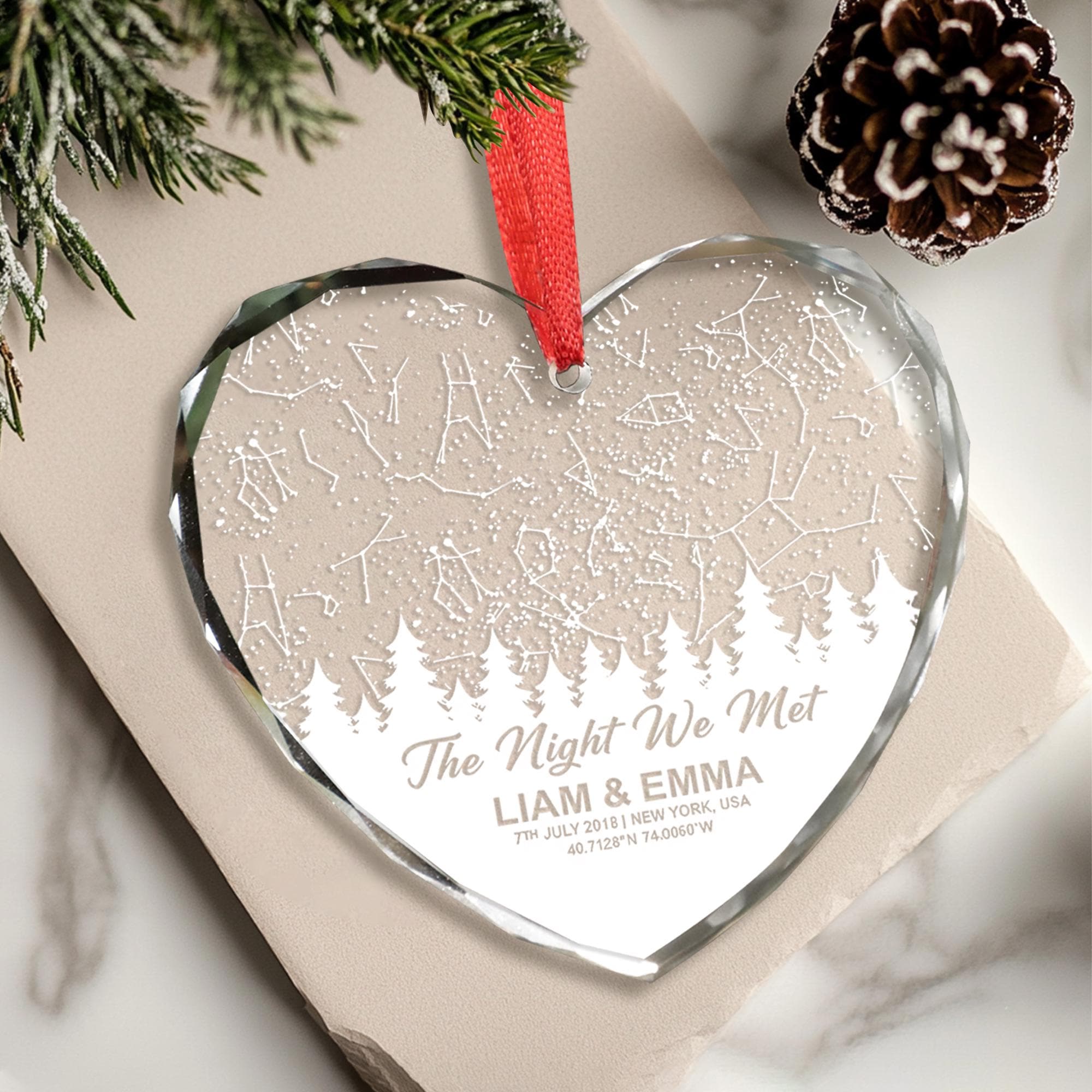 Personalized Heart Star Map Glass Ornament: Anniversary Decoration