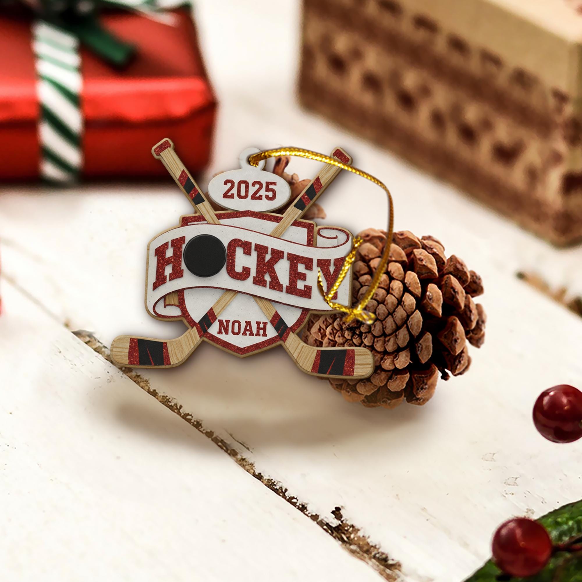 Personalized Hockey Ornament – Custom Puck & Sticks, Christmas Tree Decoration