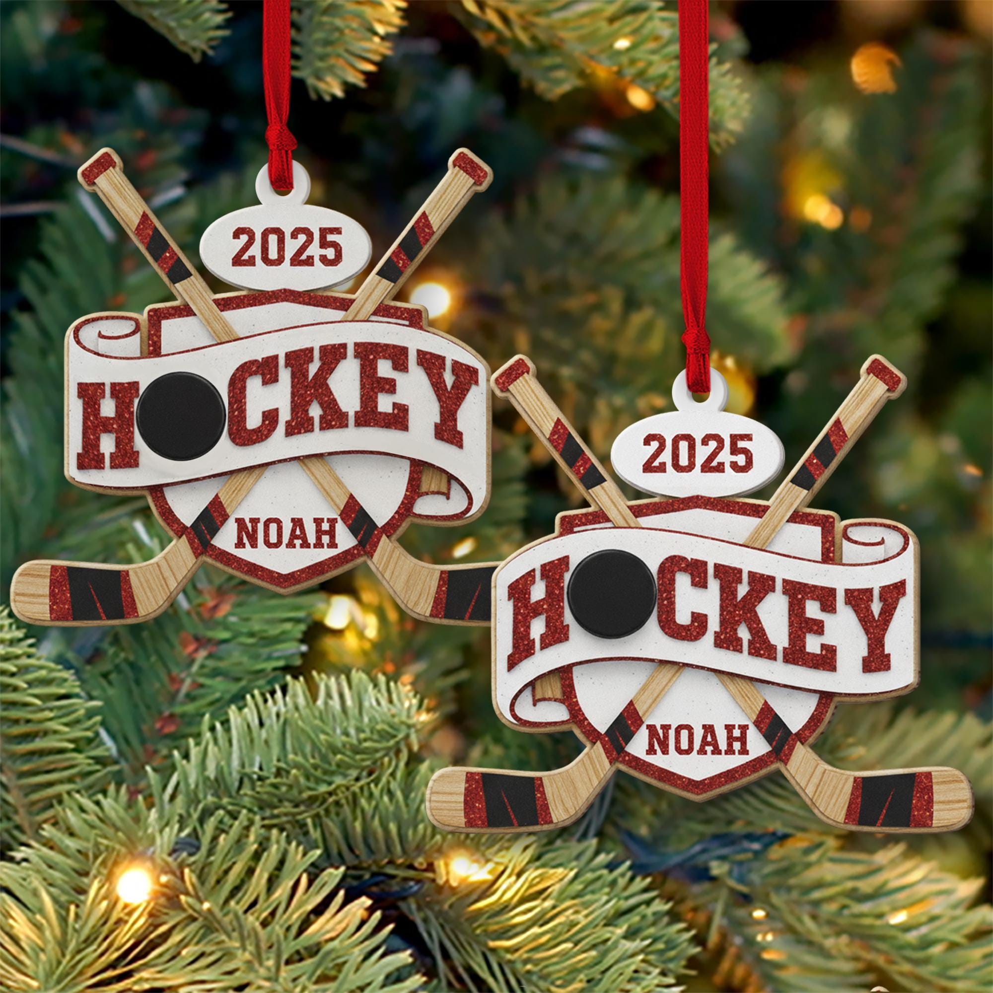 Personalized Hockey Ornament – Custom Puck & Sticks, Christmas Tree Decoration