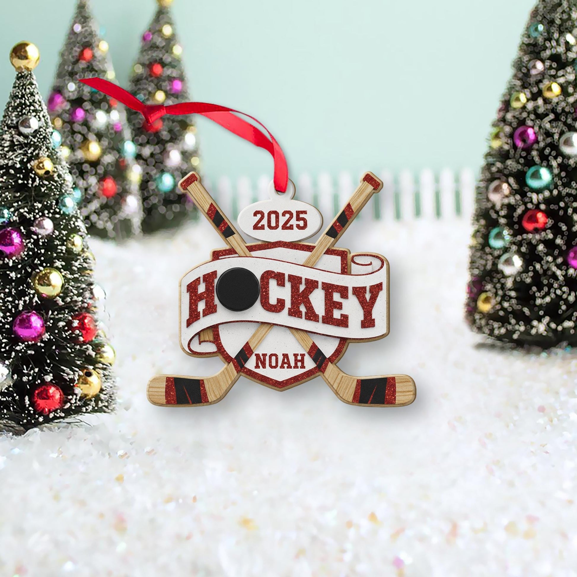 Personalized Hockey Ornament – Custom Puck & Sticks, Christmas Tree Decoration