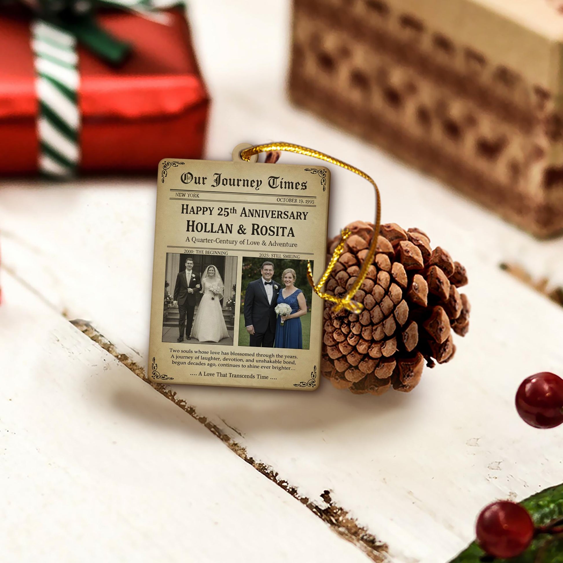 Personalized Anniversary Ornament Newspaper Style – Custom 25th Wedding Keepsake Decoration