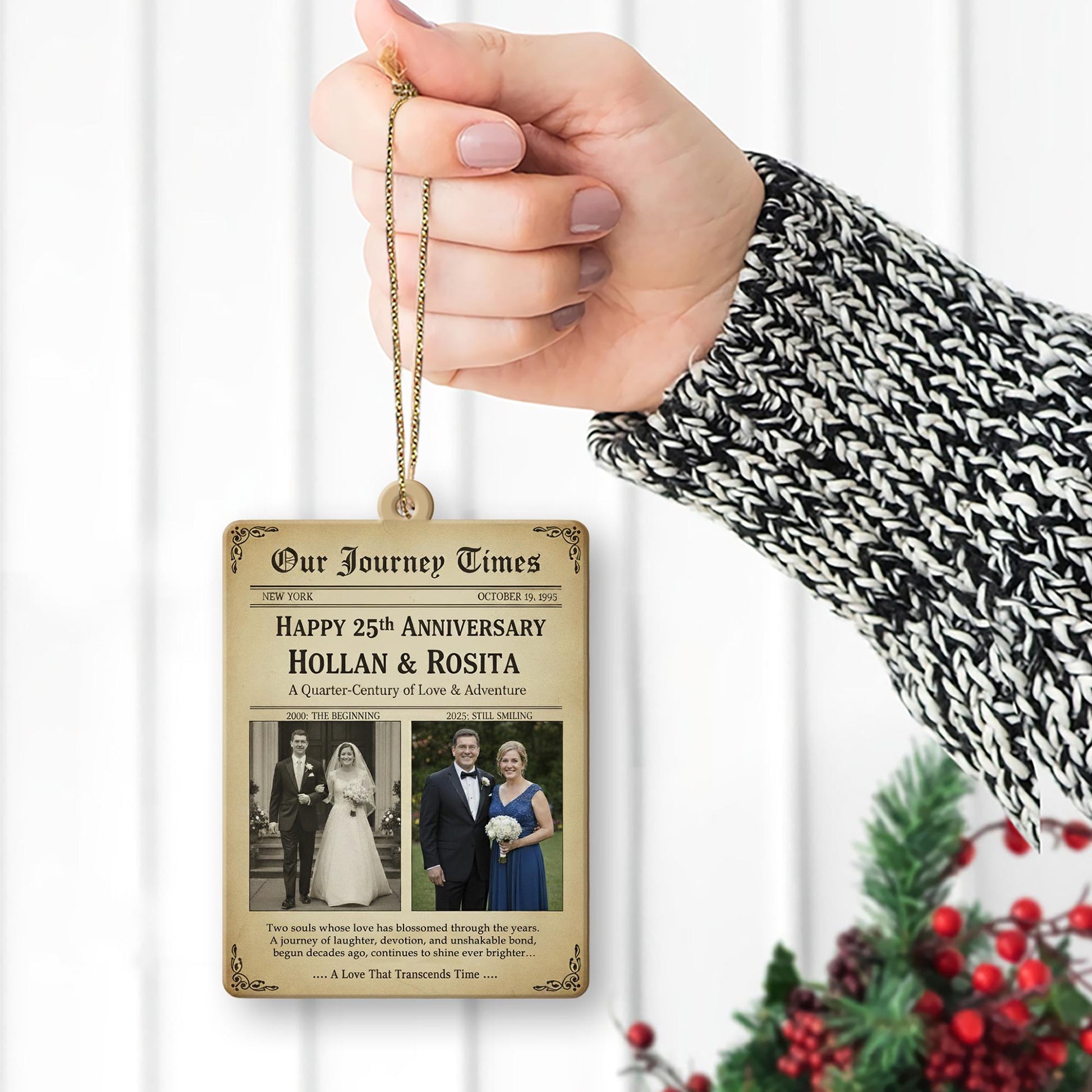 Personalized Anniversary Ornament Newspaper Style – Custom 25th Wedding Keepsake Decoration
