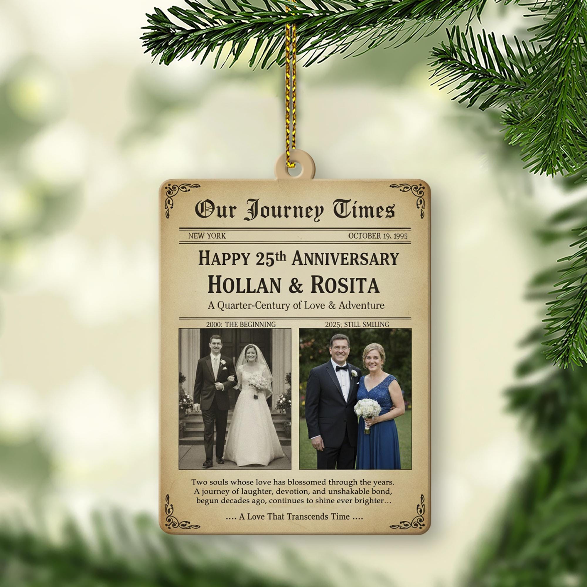 Personalized Anniversary Ornament Newspaper Style – Custom 25th Wedding Keepsake Decoration