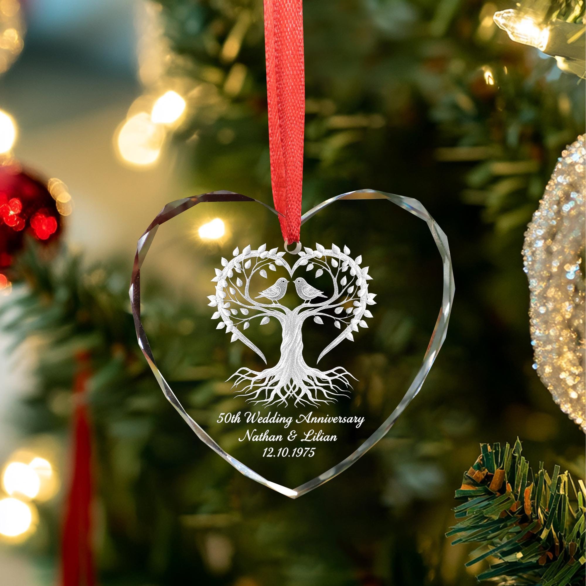 Personalized Glass Heart Ornament 50th Wedding Anniversary Tree Engraved Keepsake