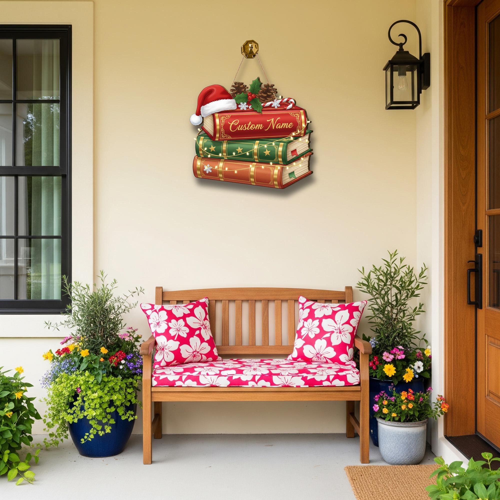 Personalized Wooden Book Stack Sign – Holiday Door Wall Hanging