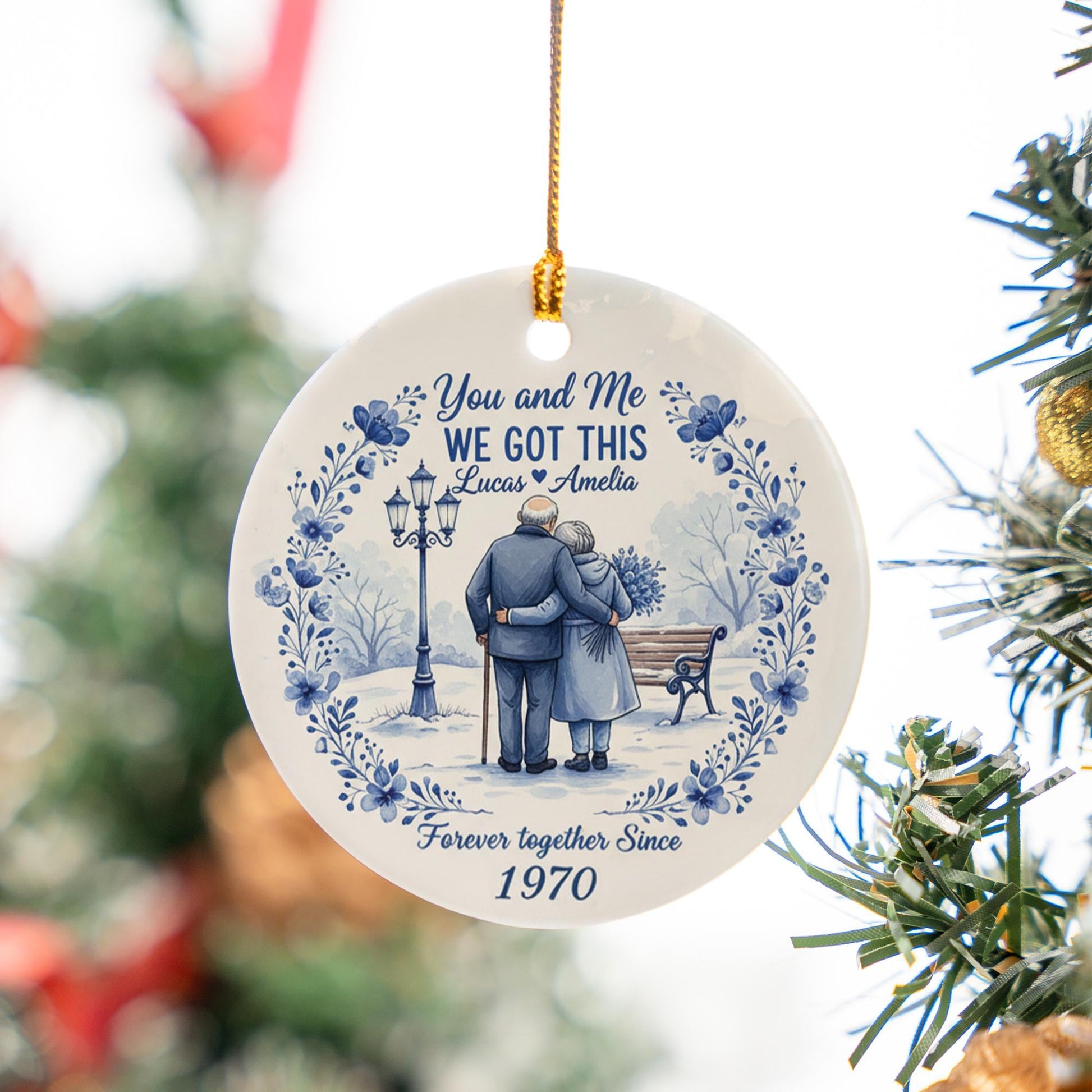 Personalized Ceramic Ornament – Anniversary Couple Design Vintage Blue Floral