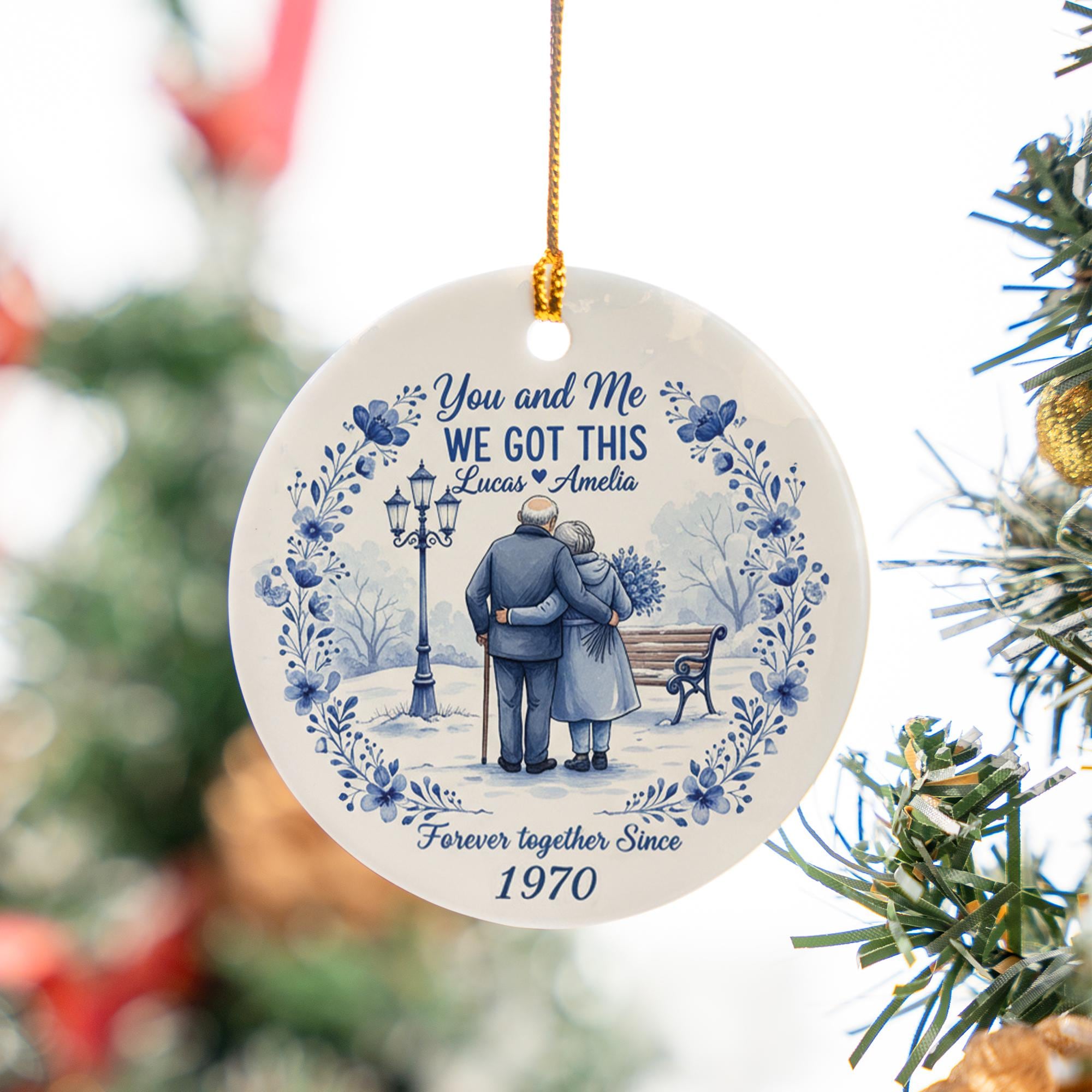 Personalized Ceramic Ornament – Anniversary Couple Design Vintage Blue Floral