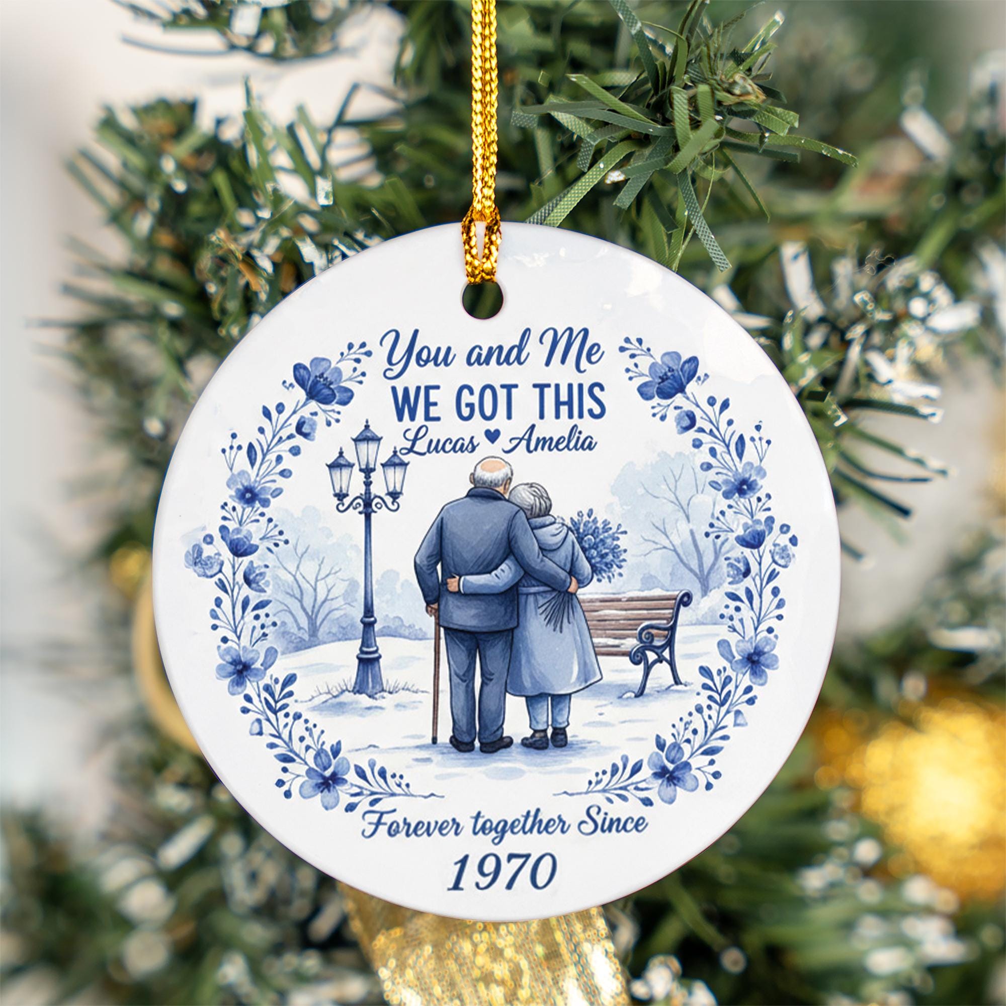 Personalized Ceramic Ornament – Anniversary Couple Design Vintage Blue Floral