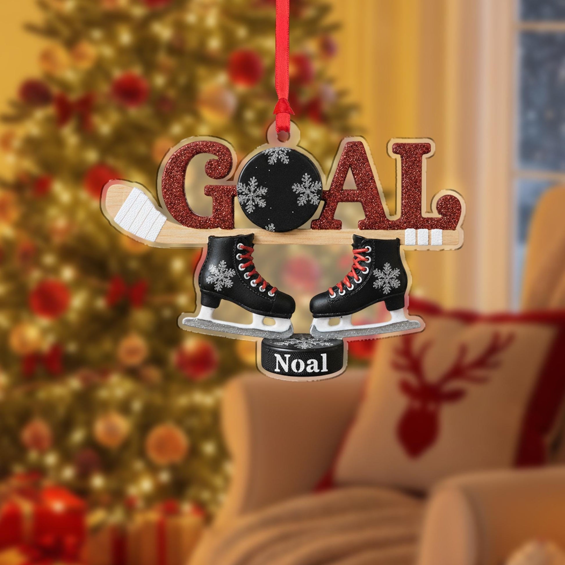 Personalized Hockey Ornament - Custom Name Goal Ice Skates Puck Player Keepsake