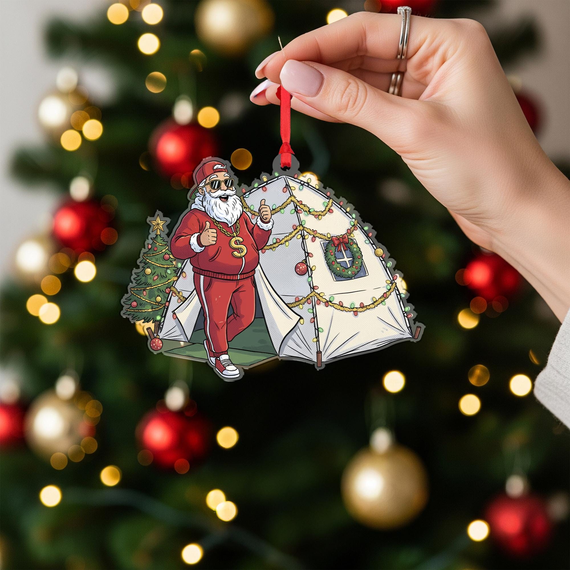 Santa Claus Ornament with Tent and Christmas Tree, Camping Theme Holiday Decoration