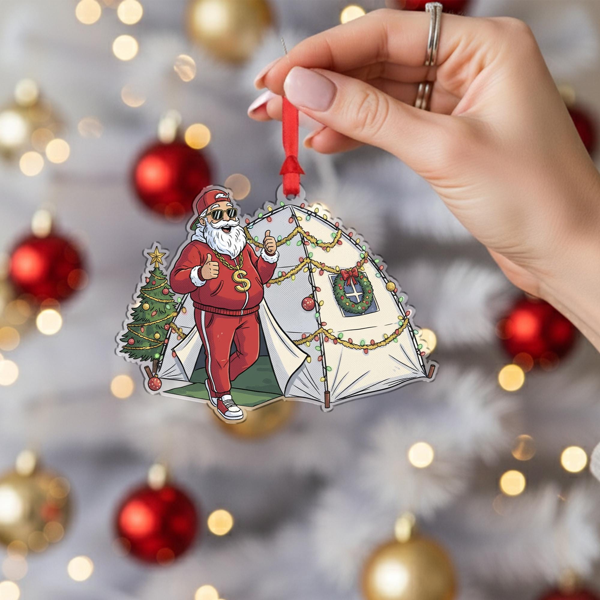Santa Claus Ornament with Tent and Christmas Tree, Camping Theme Holiday Decoration
