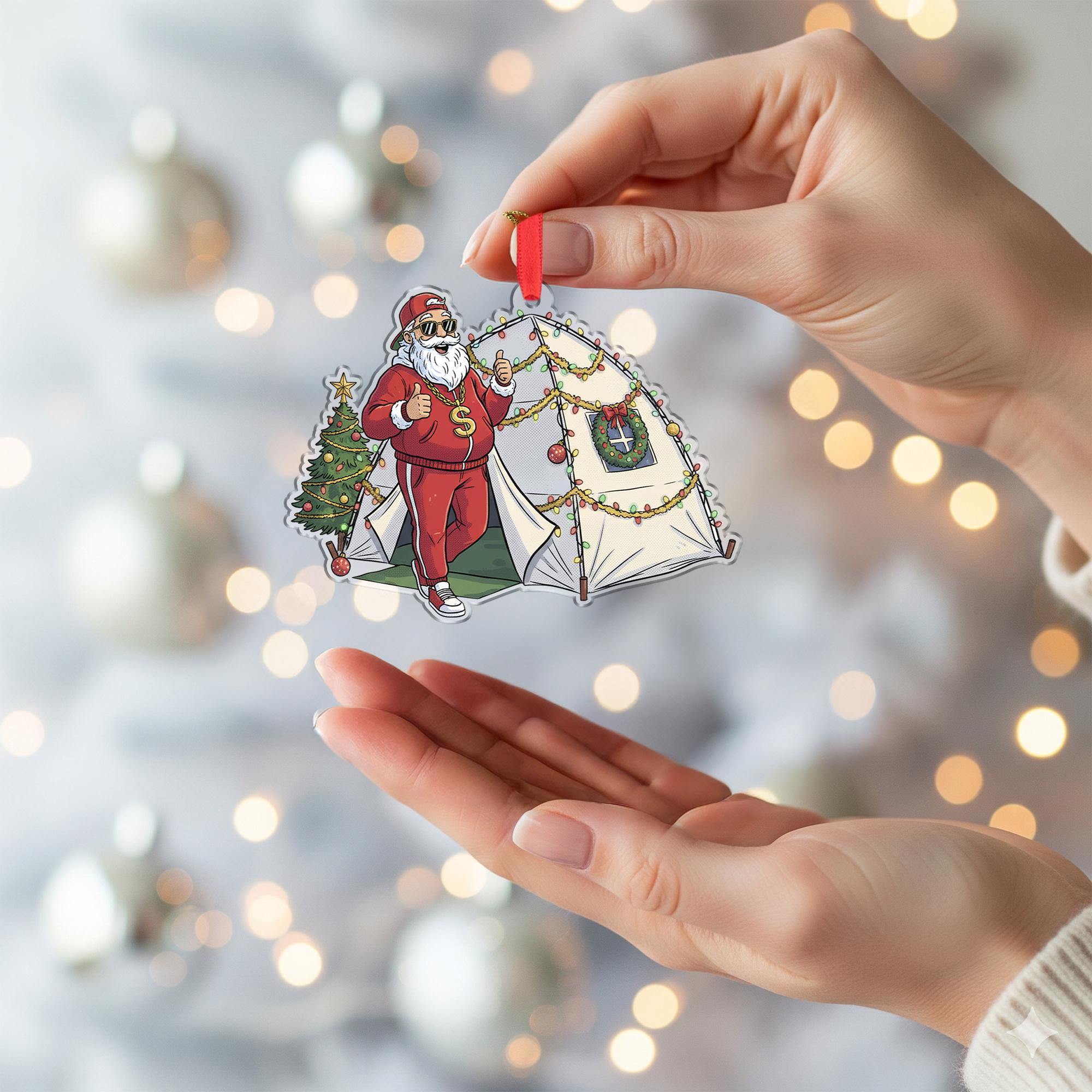 Santa Claus Ornament with Tent and Christmas Tree, Camping Theme Holiday Decoration