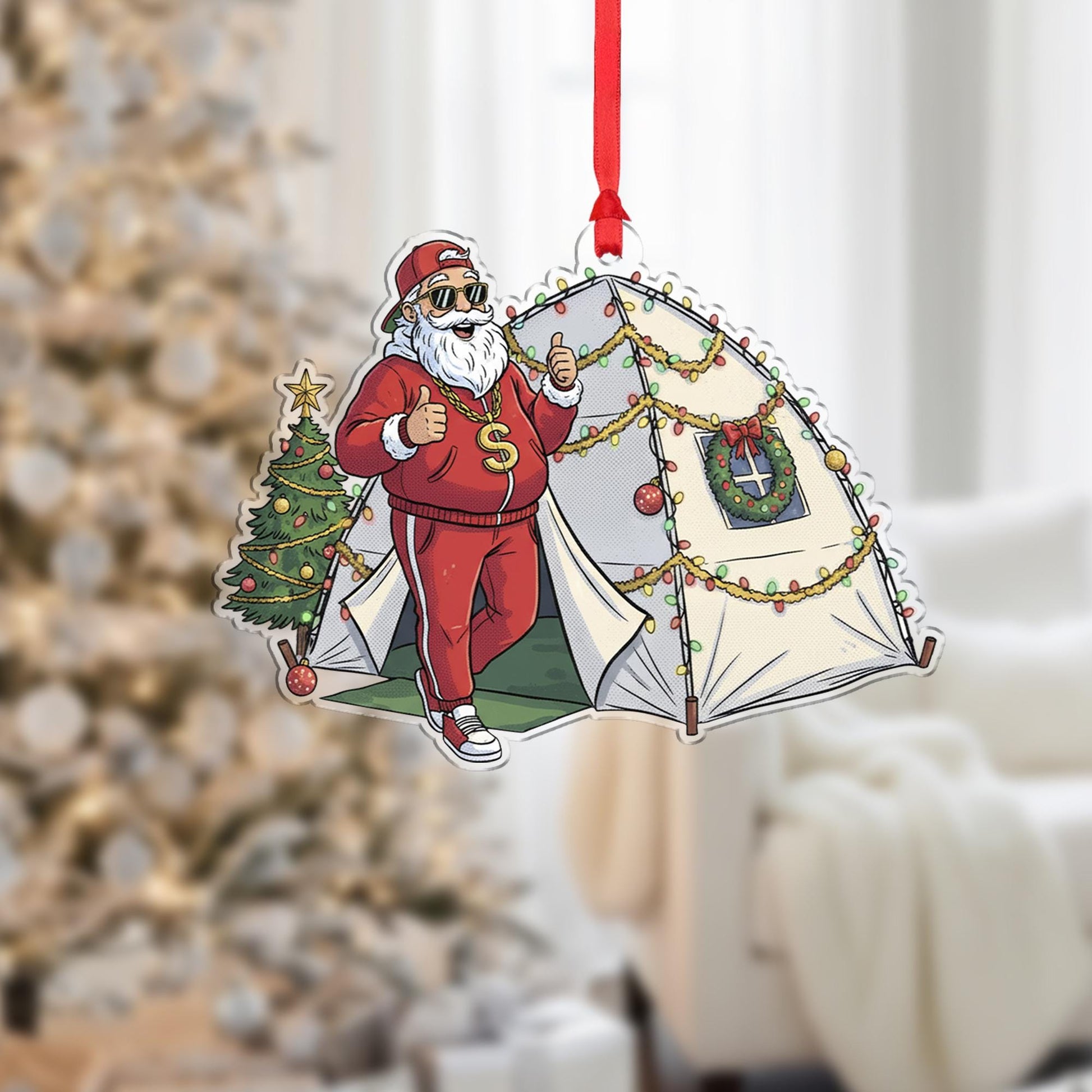 Santa Claus Ornament with Tent and Christmas Tree, Camping Theme Holiday Decoration