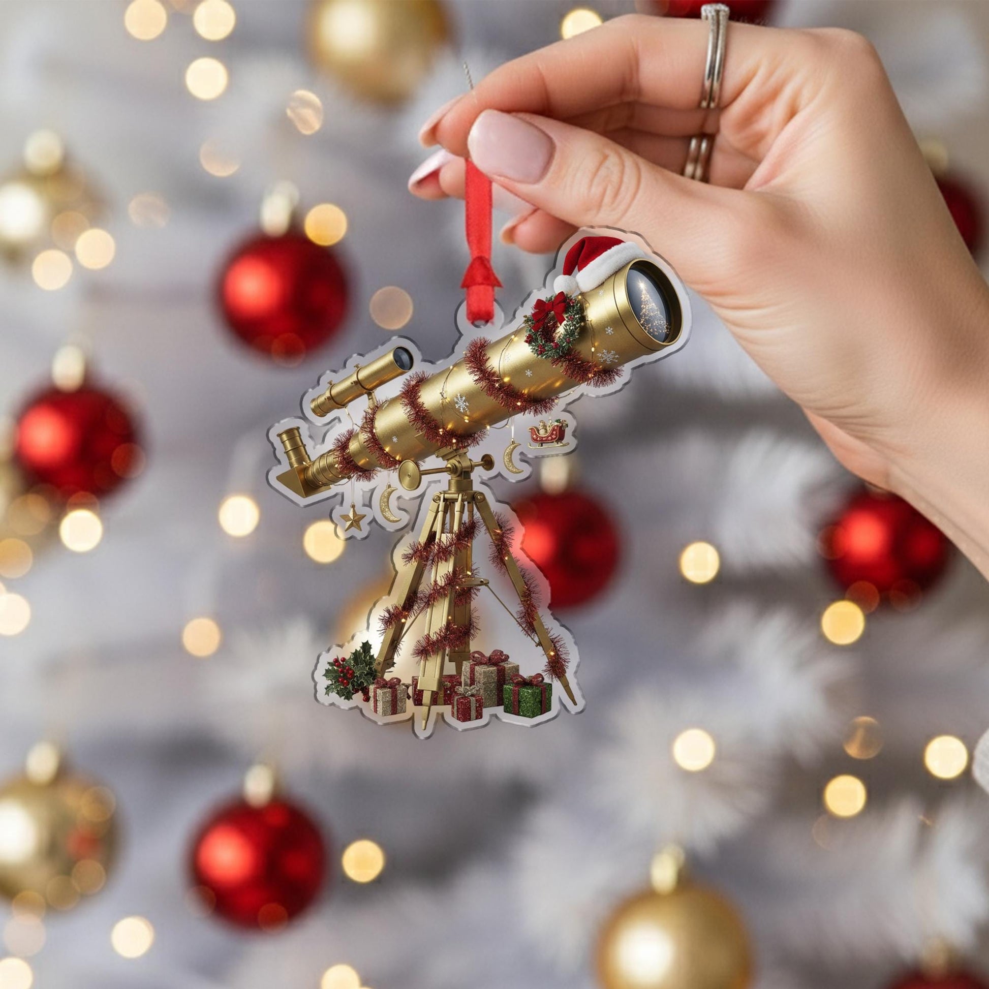 Telescope Ornament with Tripod and Holiday Garland, Astronomy Theme Christmas Decoration