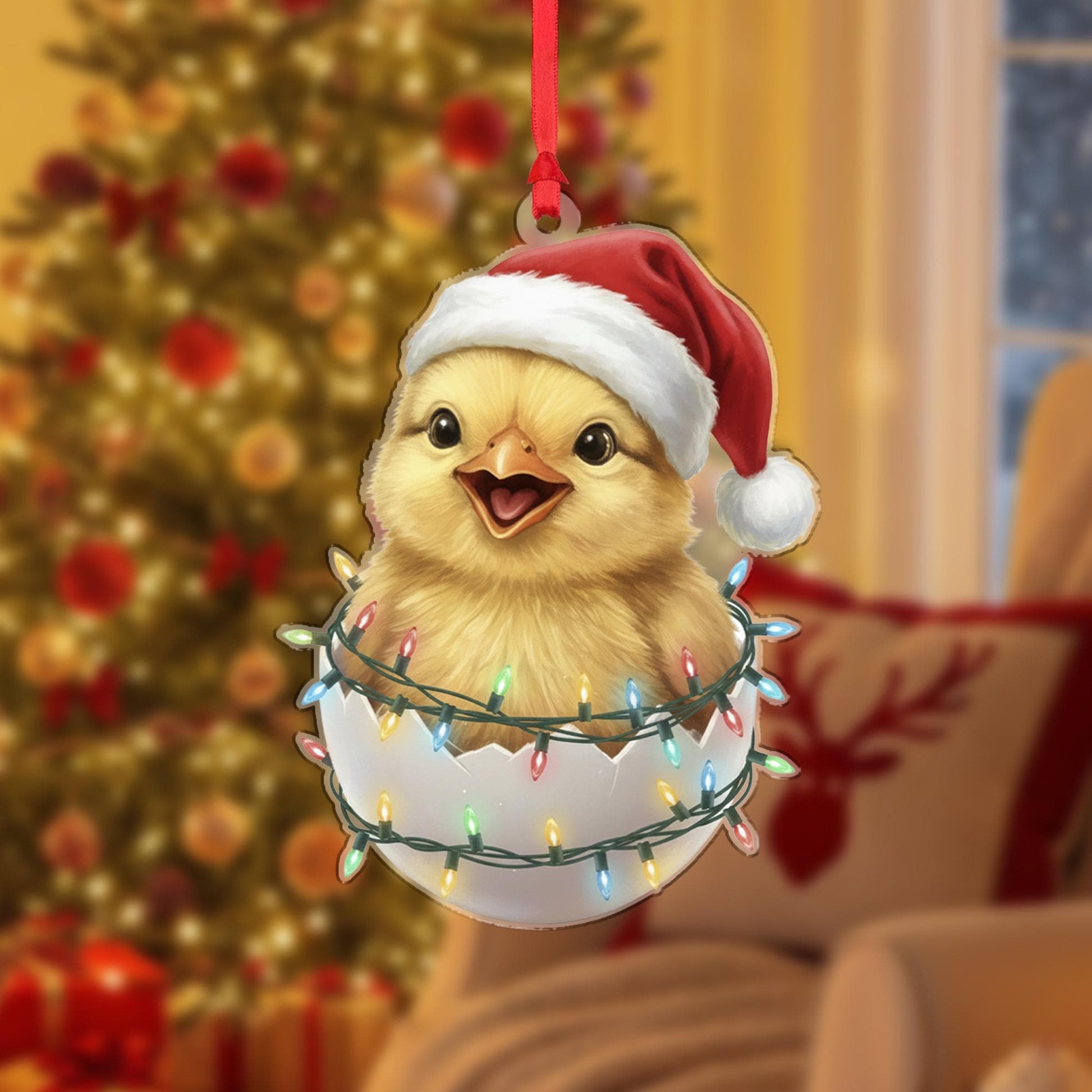 Chick Ornament with Santa Hat and Holiday Lights, Christmas Decoration in Eggshell Design
