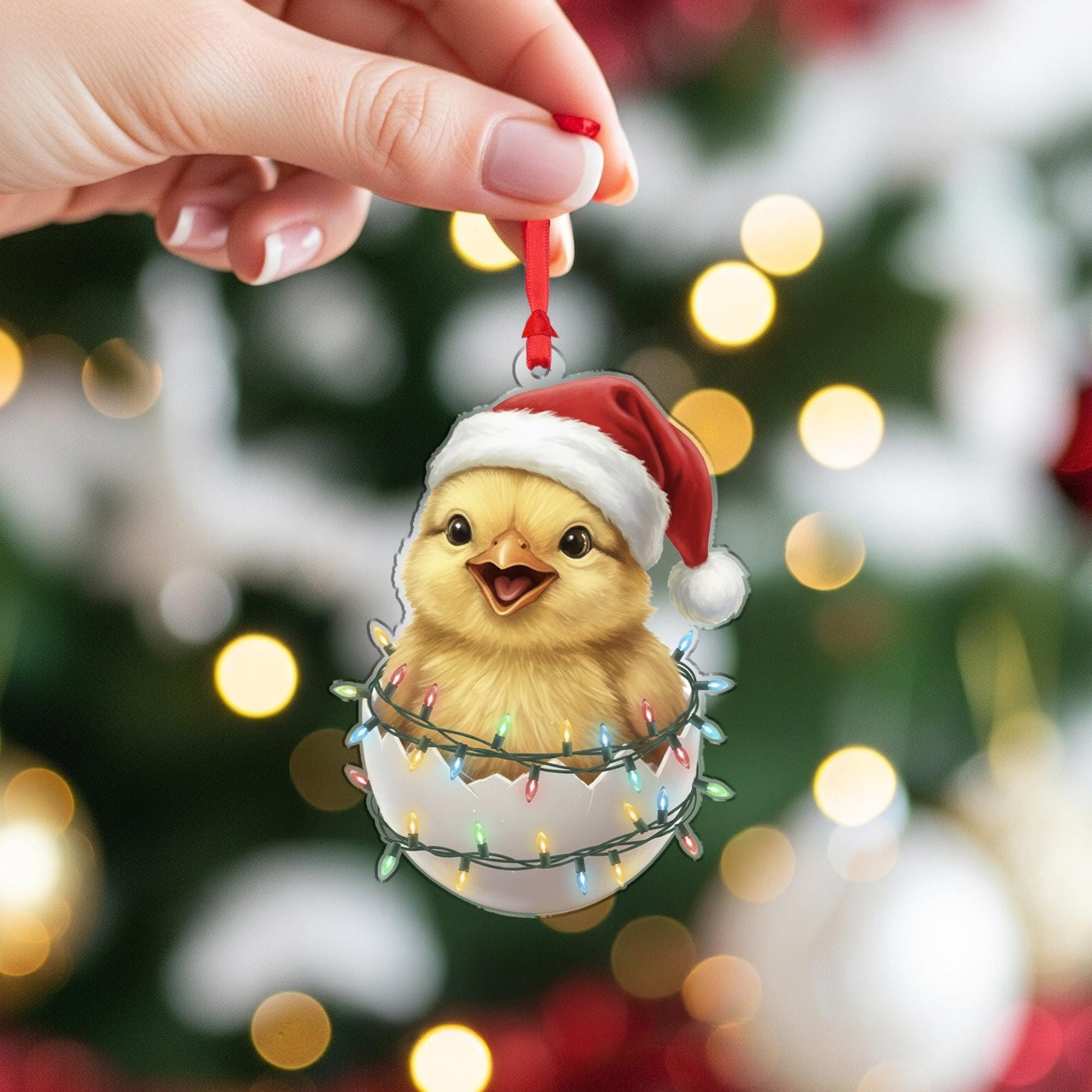 Chick Ornament with Santa Hat and Holiday Lights, Christmas Decoration in Eggshell Design
