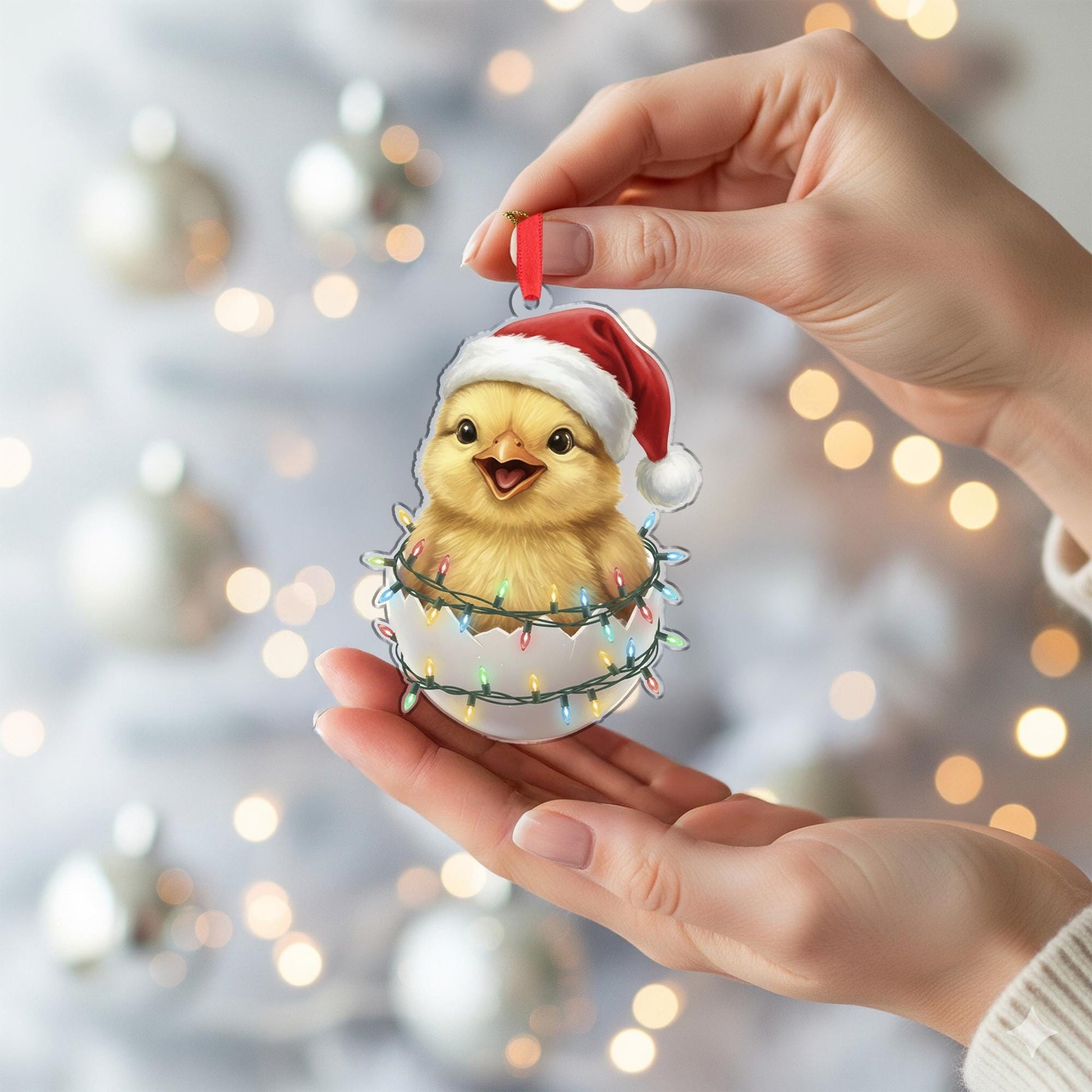 Chick Ornament with Santa Hat and Holiday Lights, Christmas Decoration in Eggshell Design