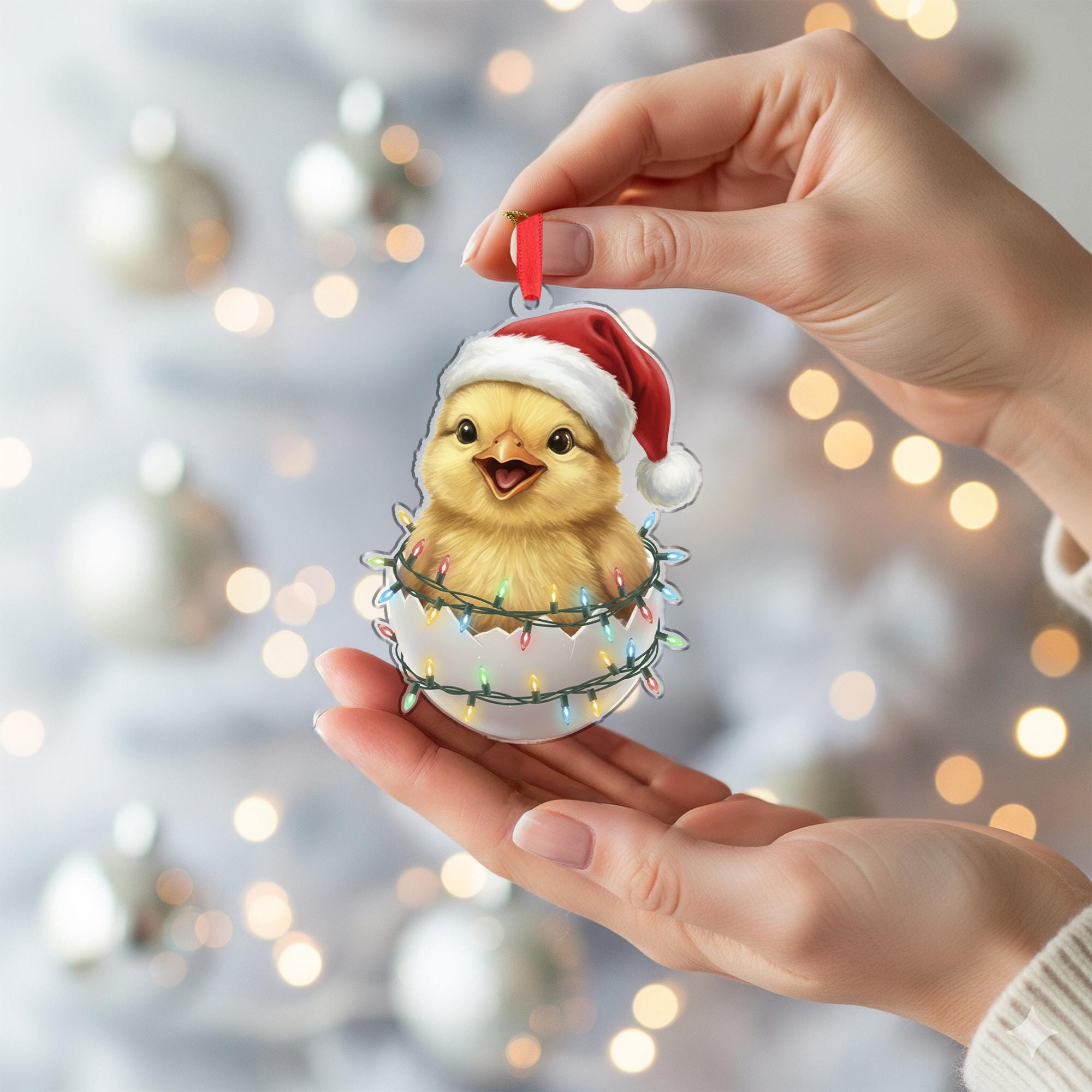 Chick Ornament with Santa Hat and Holiday Lights, Christmas Decoration in Eggshell Design