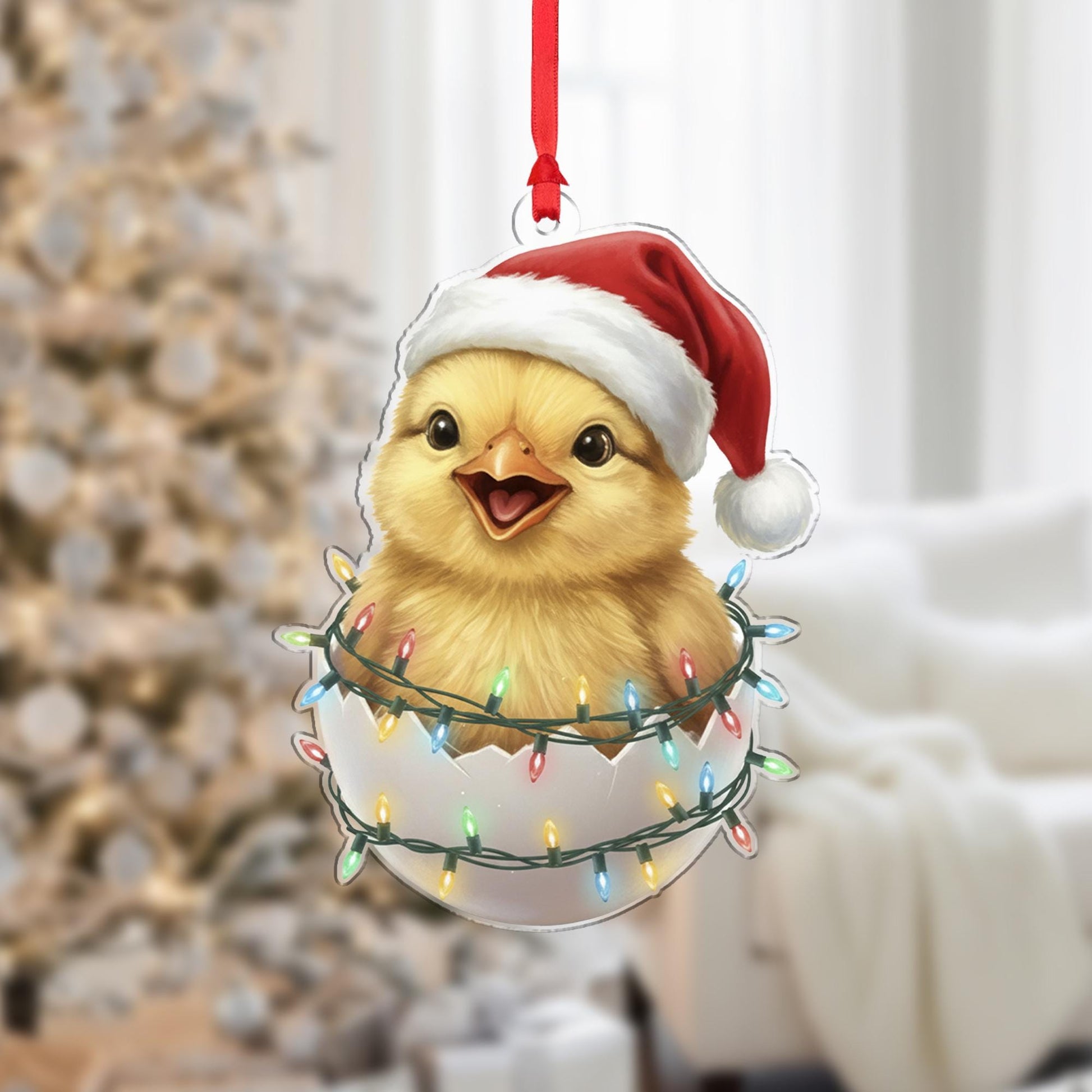 Chick Ornament with Santa Hat and Holiday Lights, Christmas Decoration in Eggshell Design