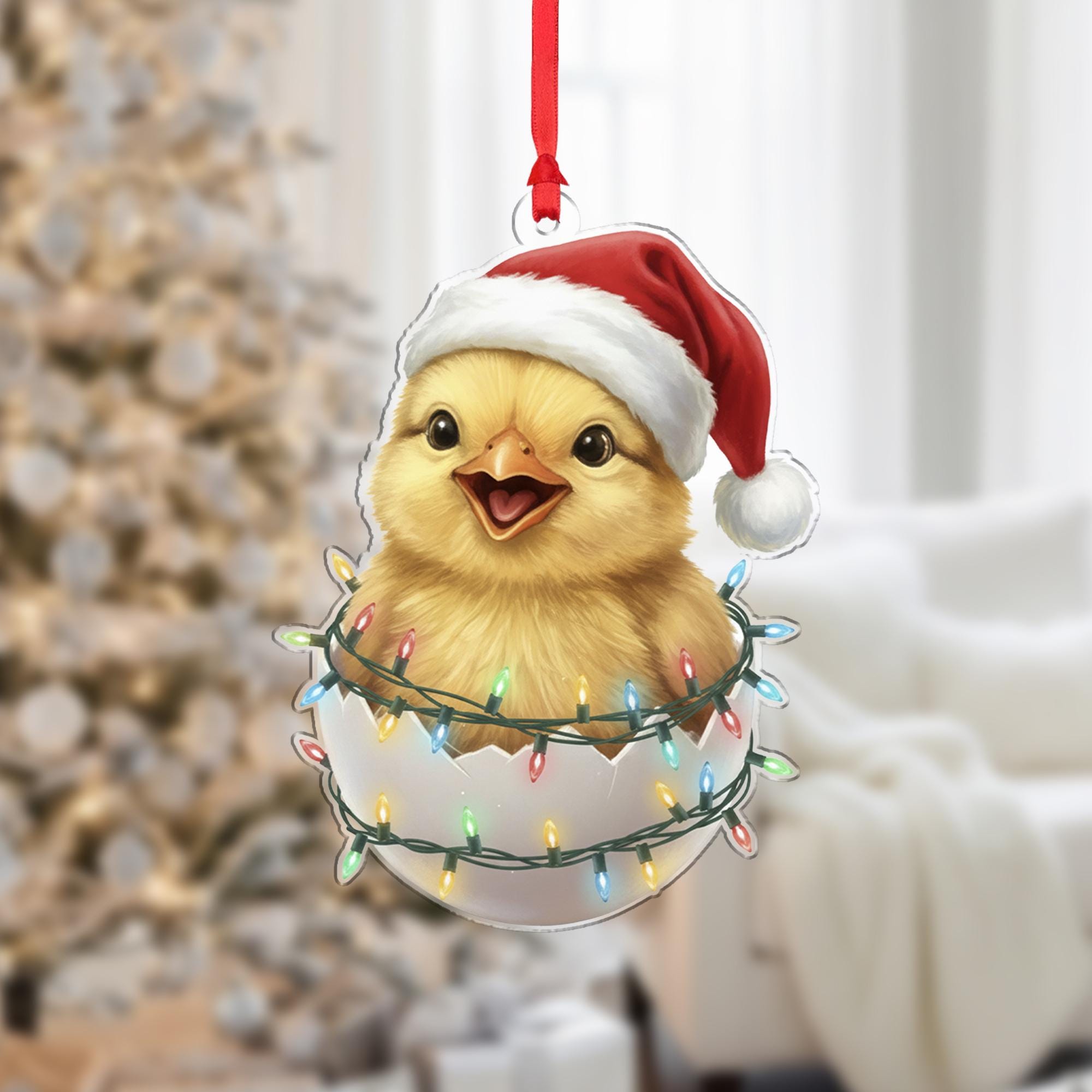 Chick Ornament with Santa Hat and Holiday Lights, Christmas Decoration in Eggshell Design