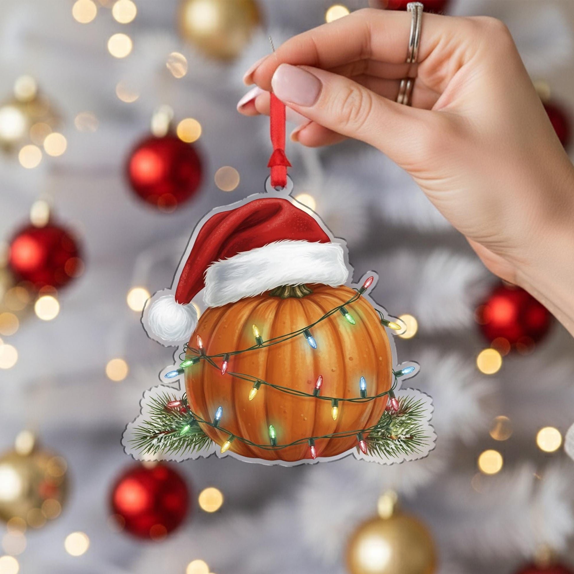 Pumpkin Ornament with Santa Hat and Holiday Lights, Christmas Decoration with Pine Detail