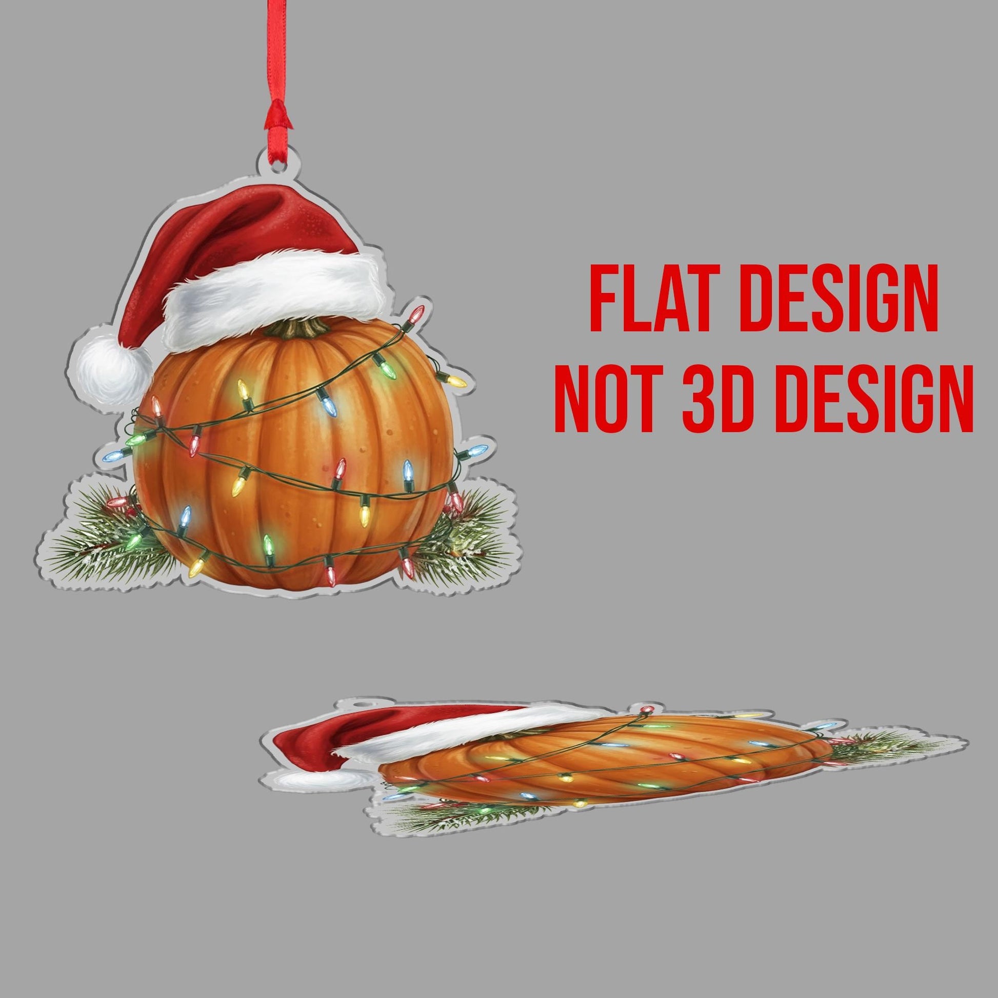 Pumpkin Ornament with Santa Hat and Holiday Lights, Christmas Decoration with Pine Detail