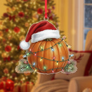 Pumpkin Ornament with Santa Hat and Holiday Lights, Christmas Decoration with Pine Detail