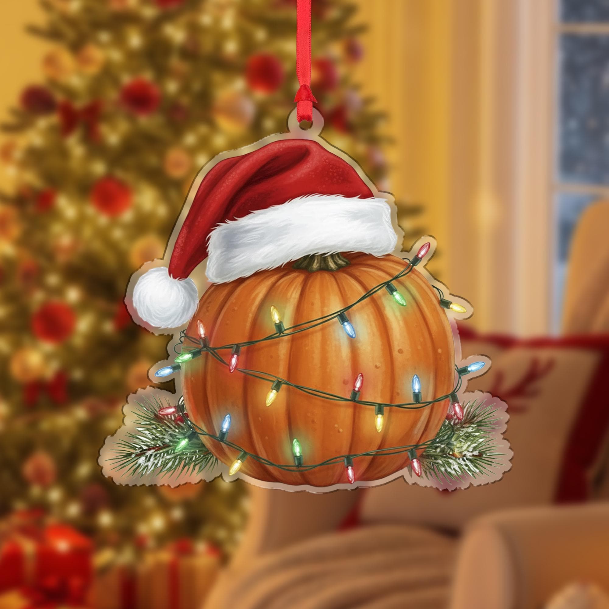 Pumpkin Ornament with Santa Hat and Holiday Lights, Christmas Decoration with Pine Detail