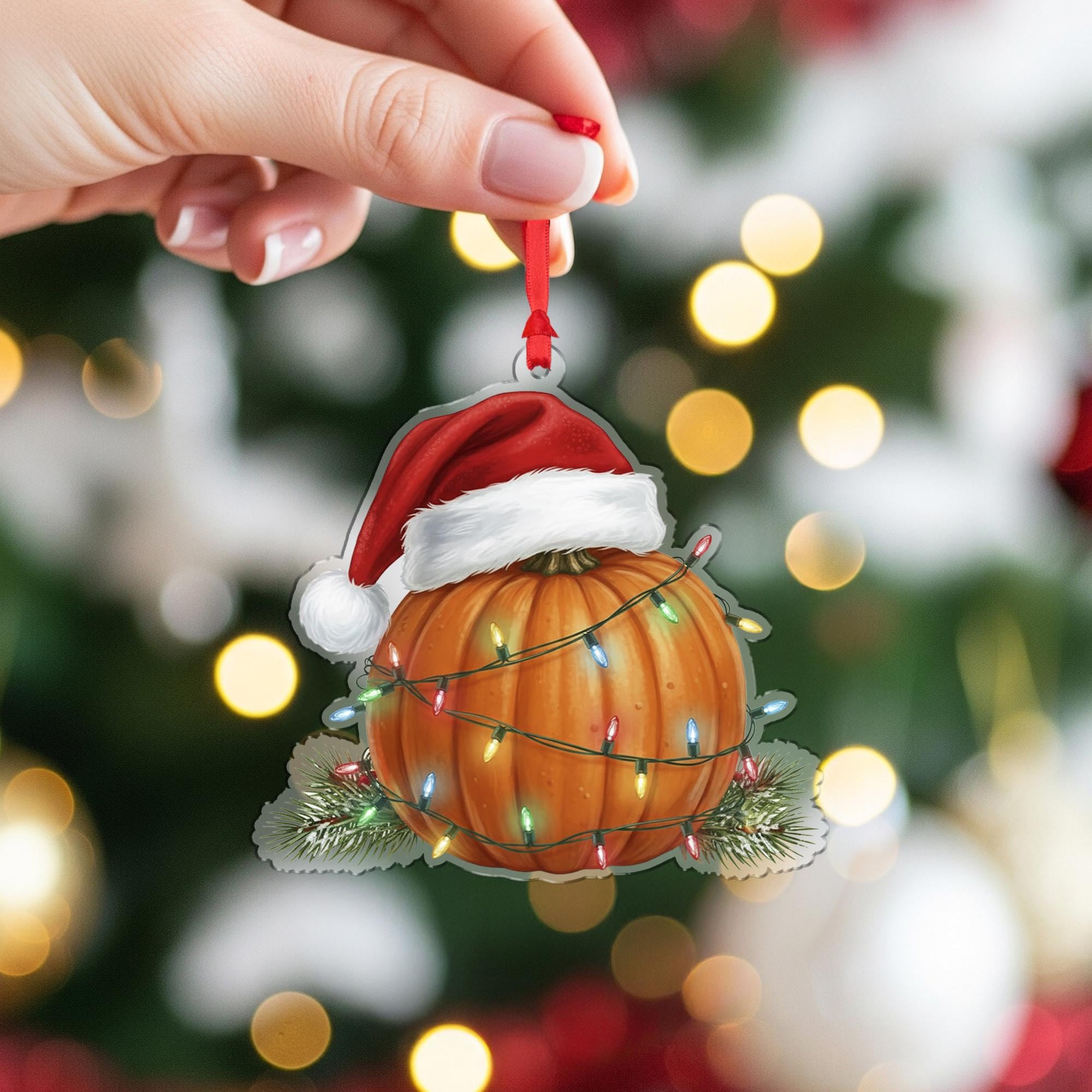 Pumpkin Ornament with Santa Hat and Holiday Lights, Christmas Decoration with Pine Detail