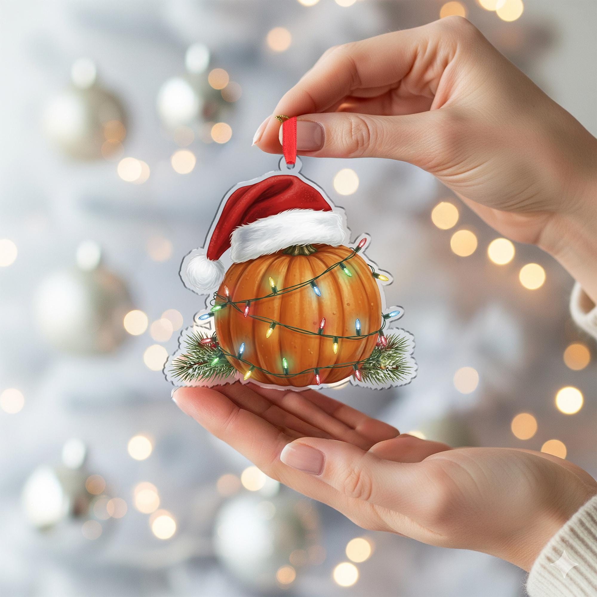 Pumpkin Ornament with Santa Hat and Holiday Lights, Christmas Decoration with Pine Detail