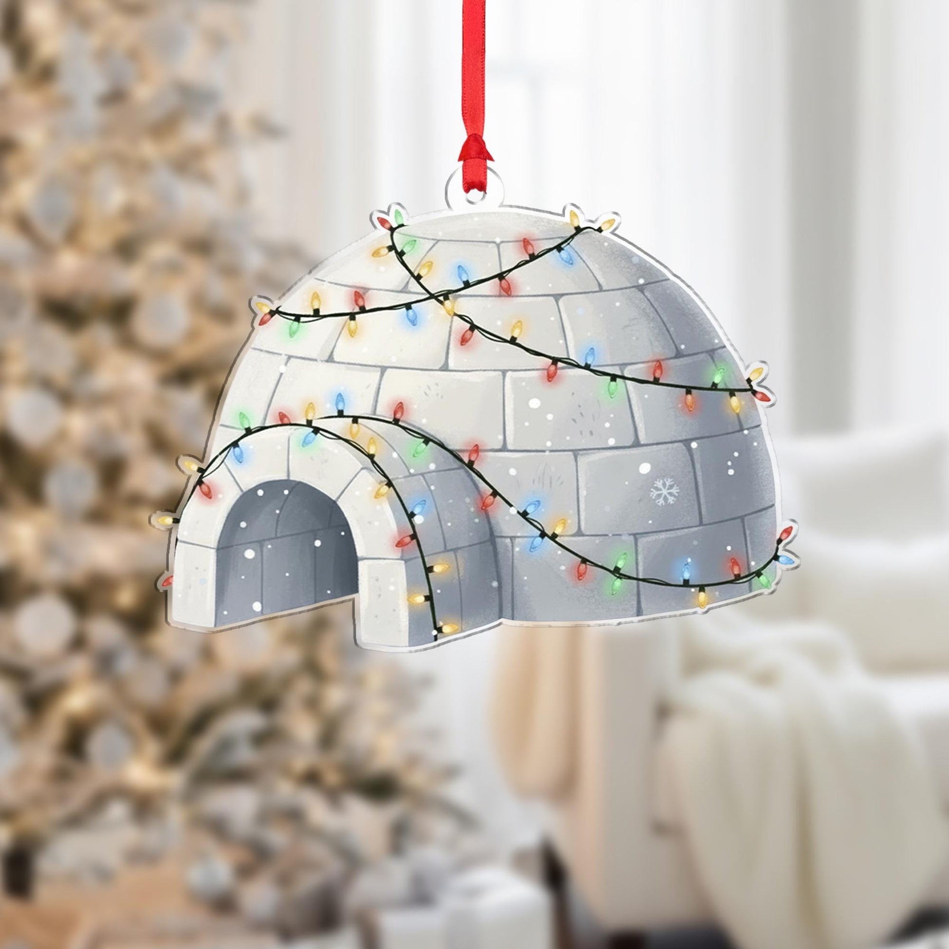 Igloo Ornament with Holiday Lights, Winter Snow House Christmas Decoration