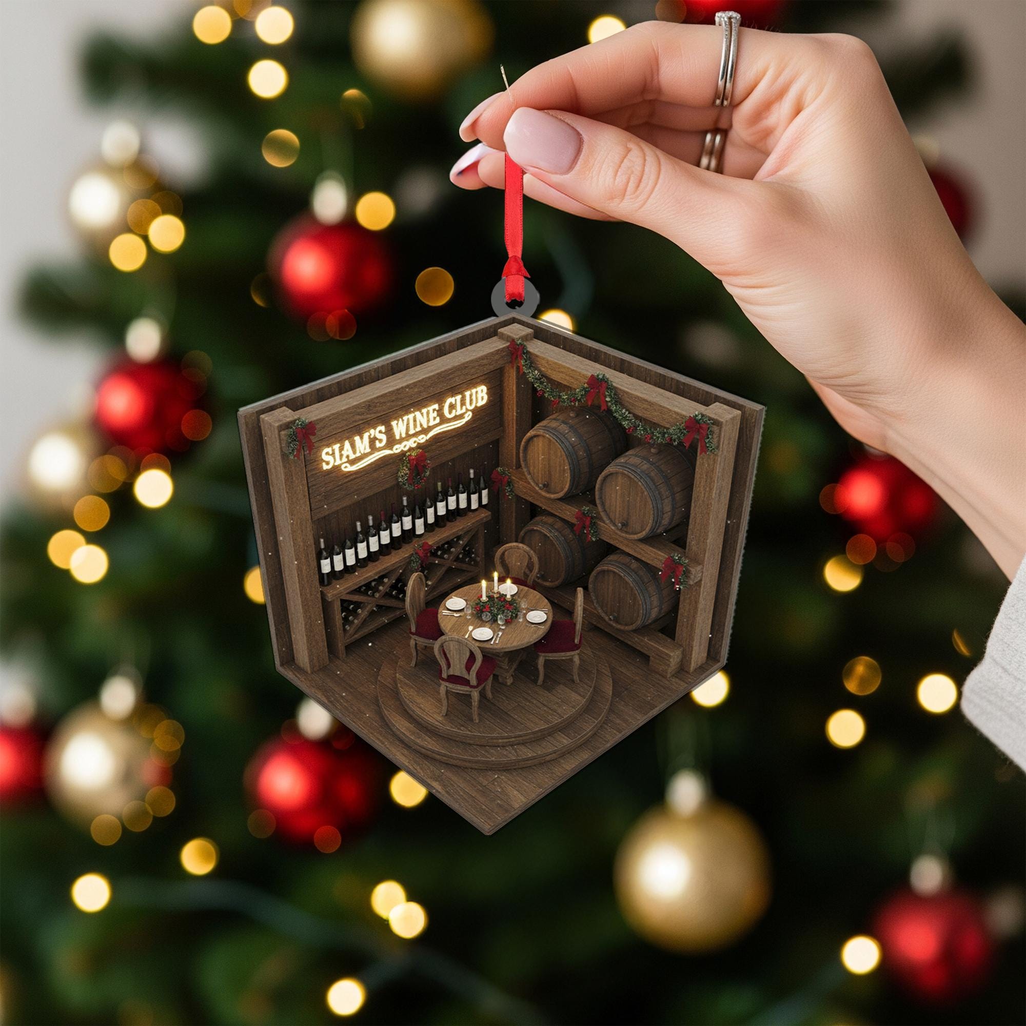 Wine Cellar Ornament with Barrels and Table, Personalized Wine Club Christmas Decoration