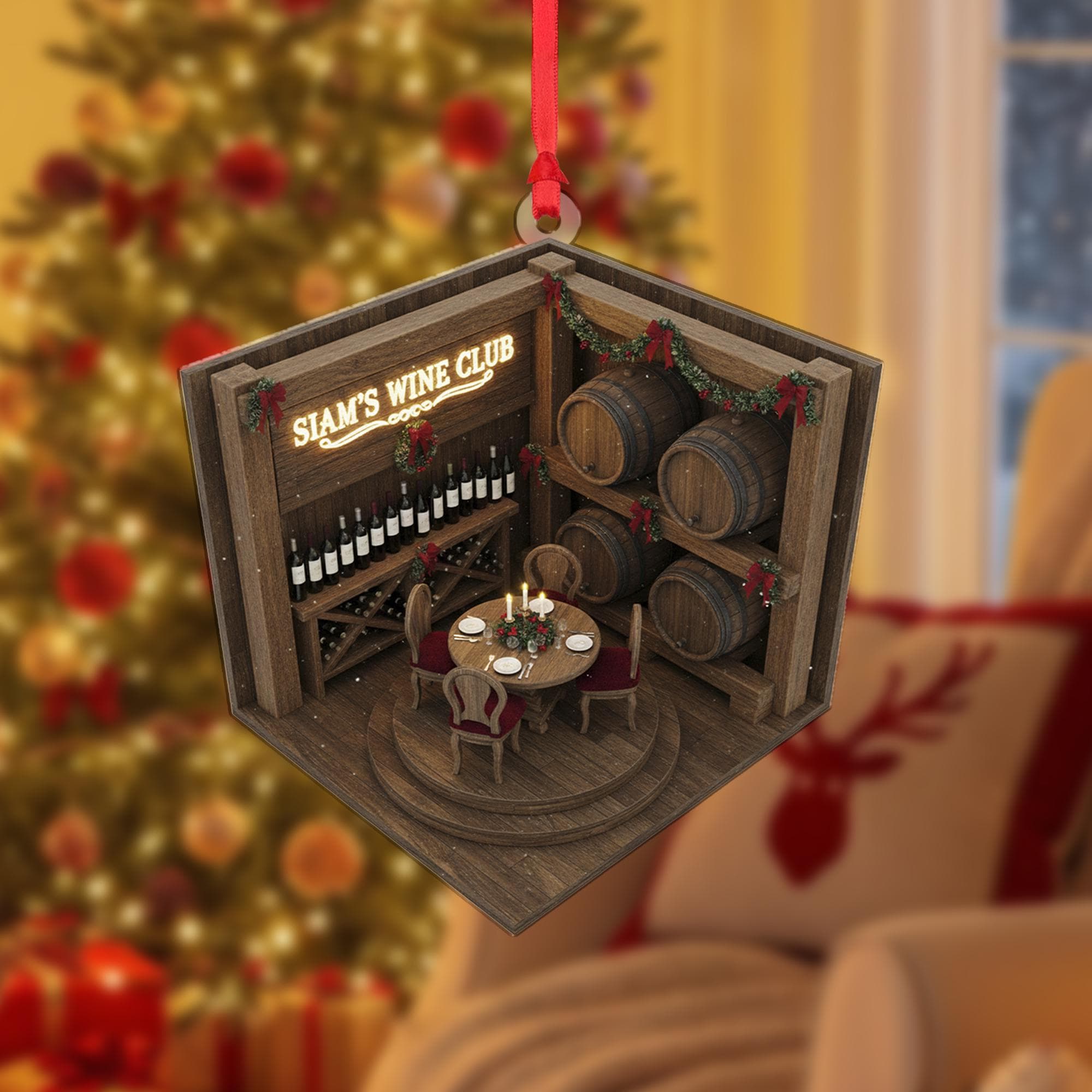 Wine Cellar Ornament with Barrels and Table, Personalized Wine Club Christmas Decoration