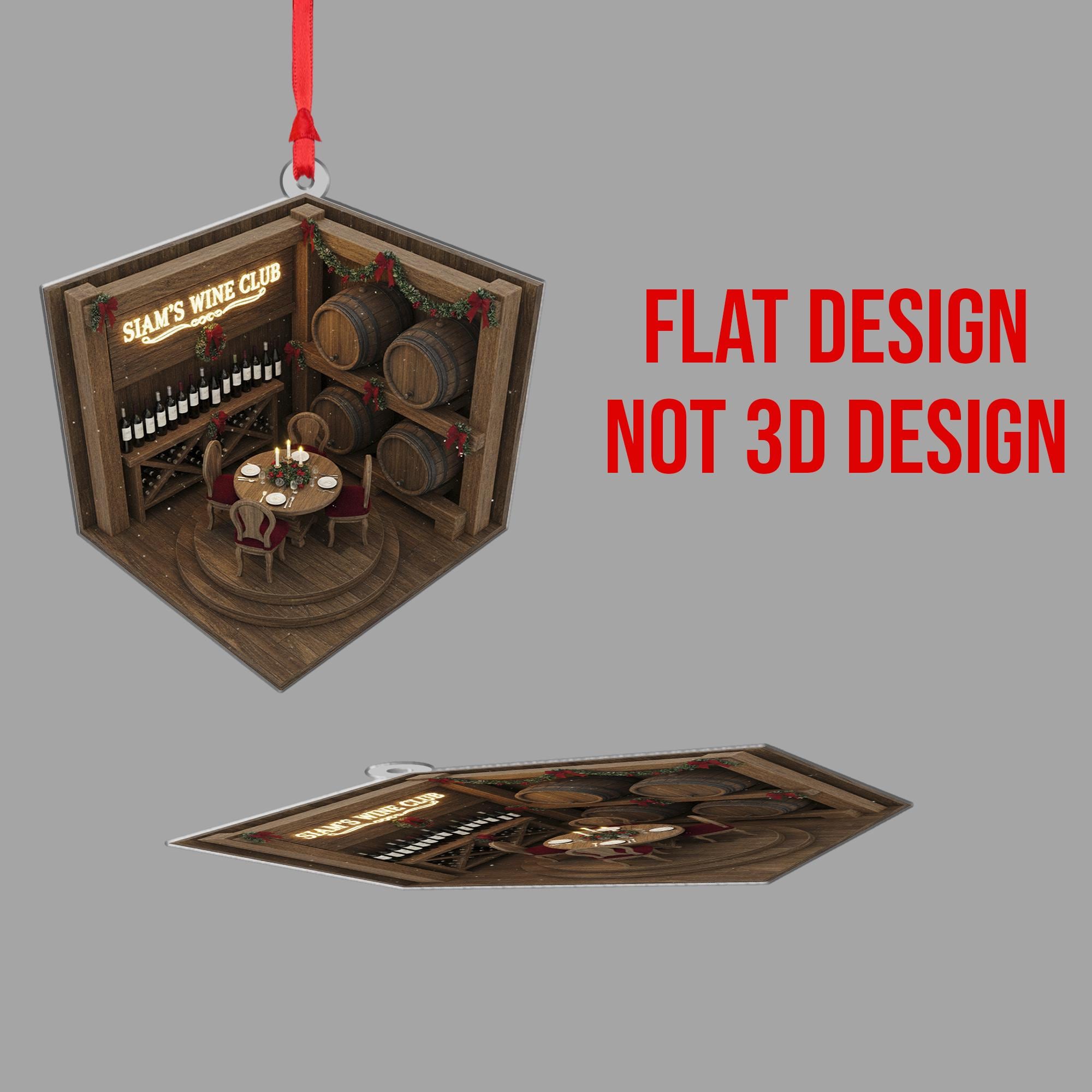 Wine Cellar Ornament with Barrels and Table, Personalized Wine Club Christmas Decoration