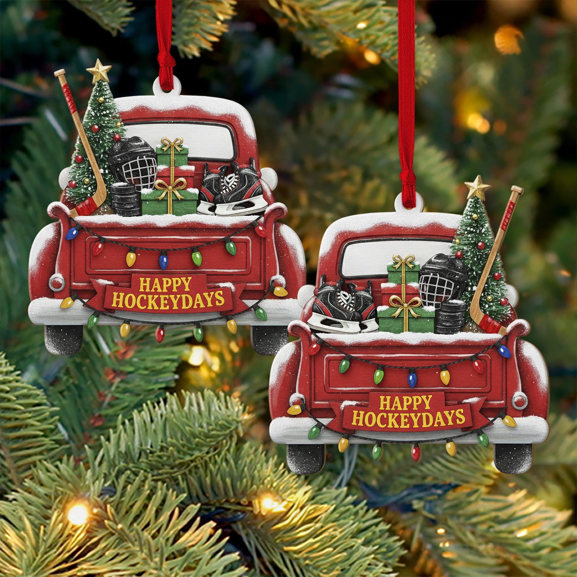 Hockey Truck Christmas Ornament - Red Vintage Pickup Sports Holiday Gift