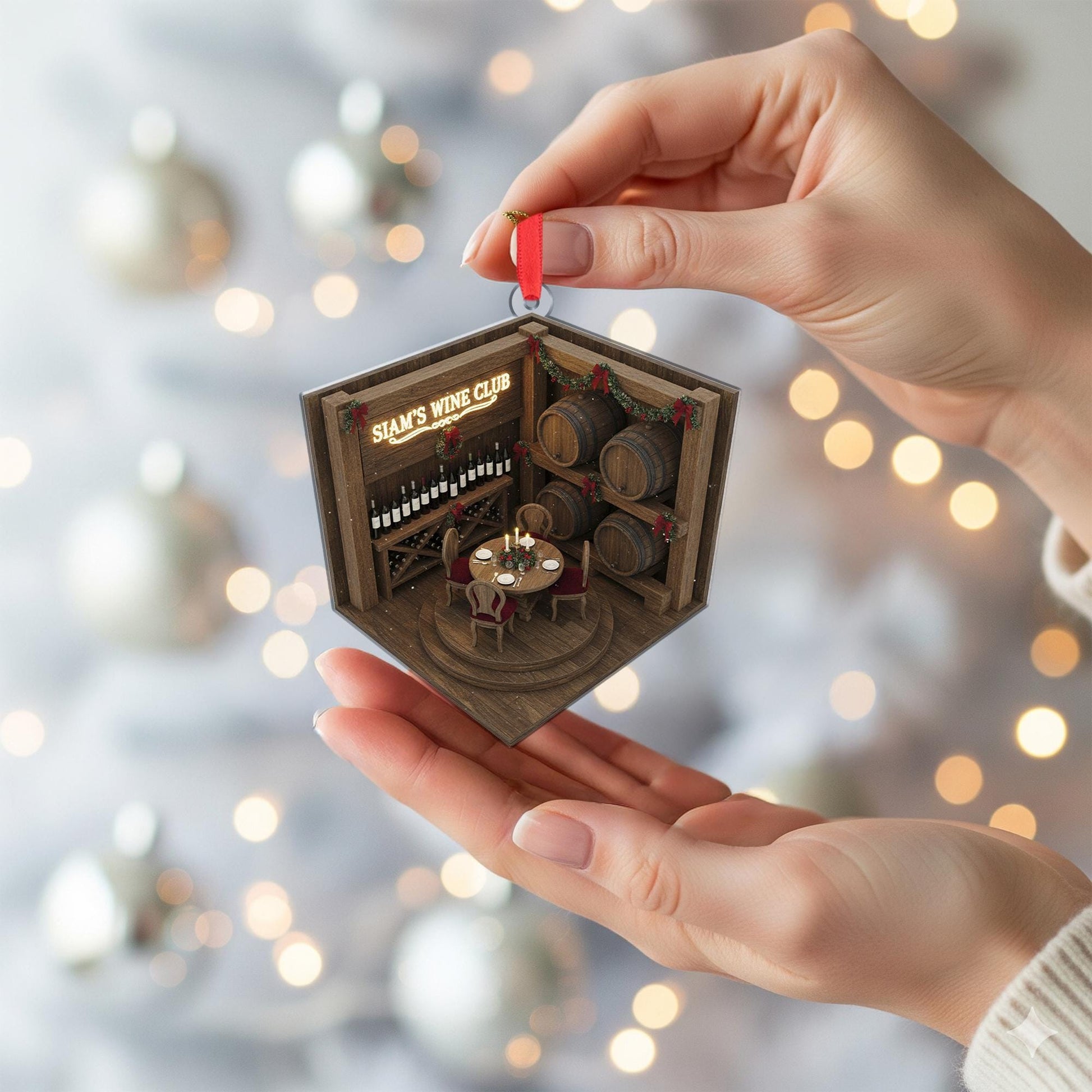 Wine Cellar Ornament with Barrels and Table, Personalized Wine Club Christmas Decoration