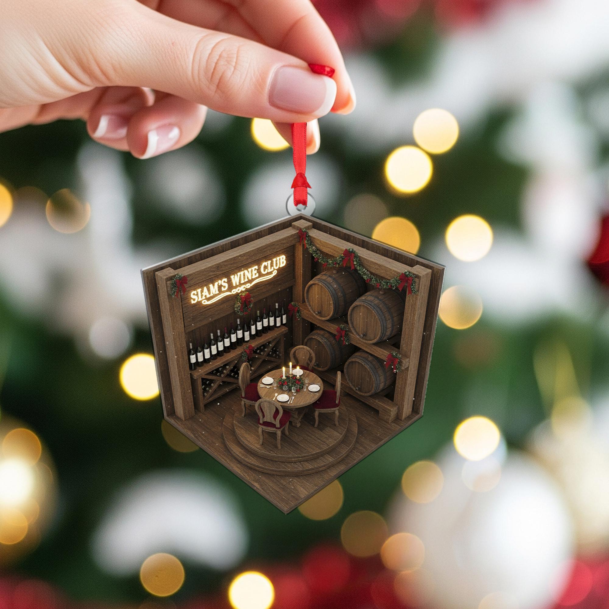Wine Cellar Ornament with Barrels and Table, Personalized Wine Club Christmas Decoration