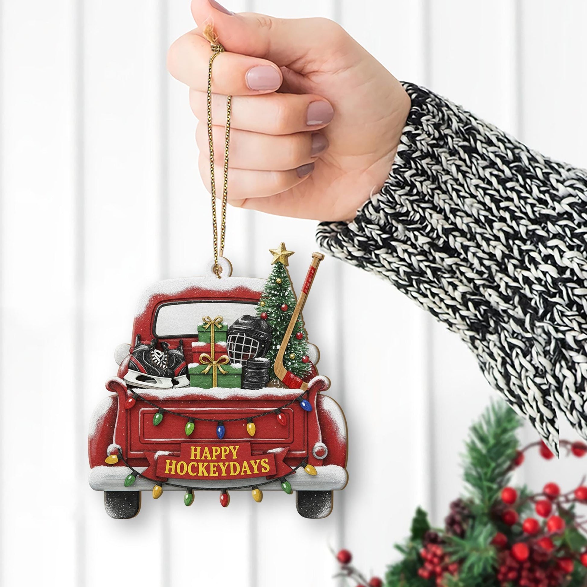 Hockey Truck Christmas Ornament - Red Vintage Pickup Sports Holiday Gift