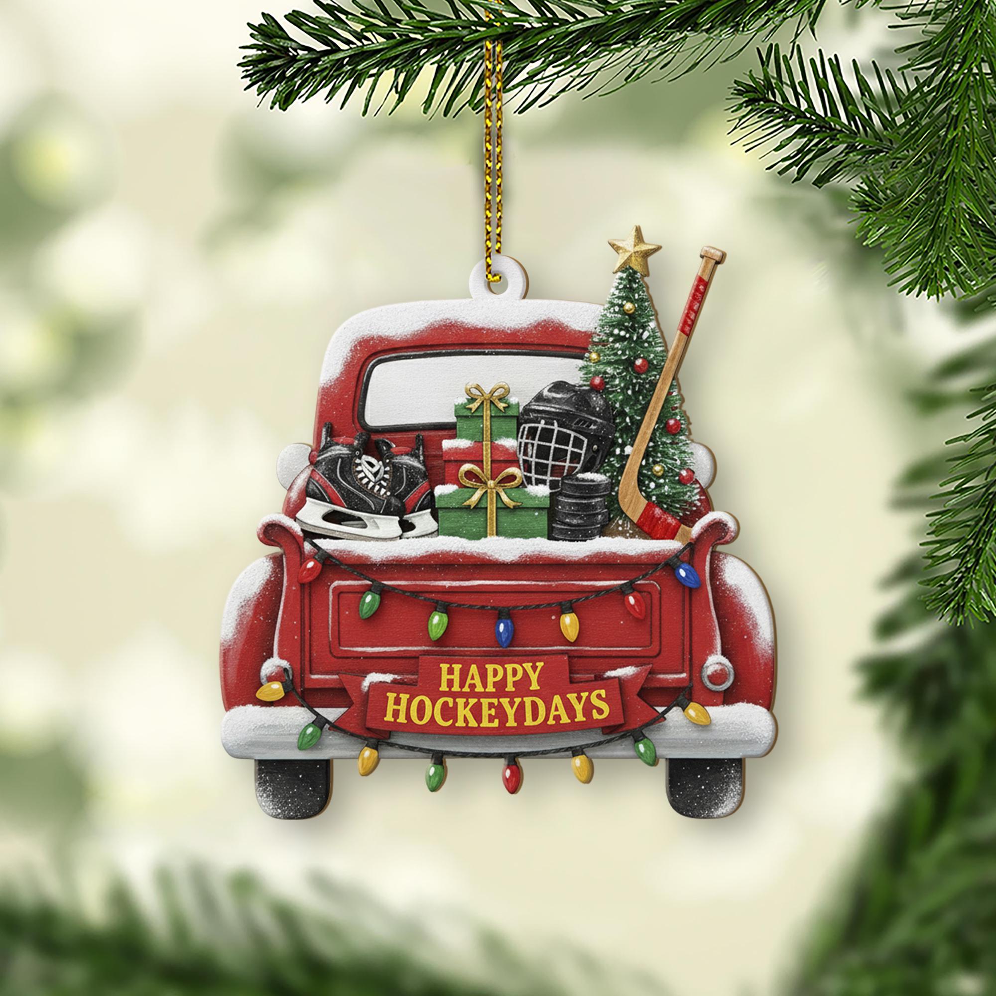 Hockey Truck Christmas Ornament - Red Vintage Pickup Sports Holiday Gift