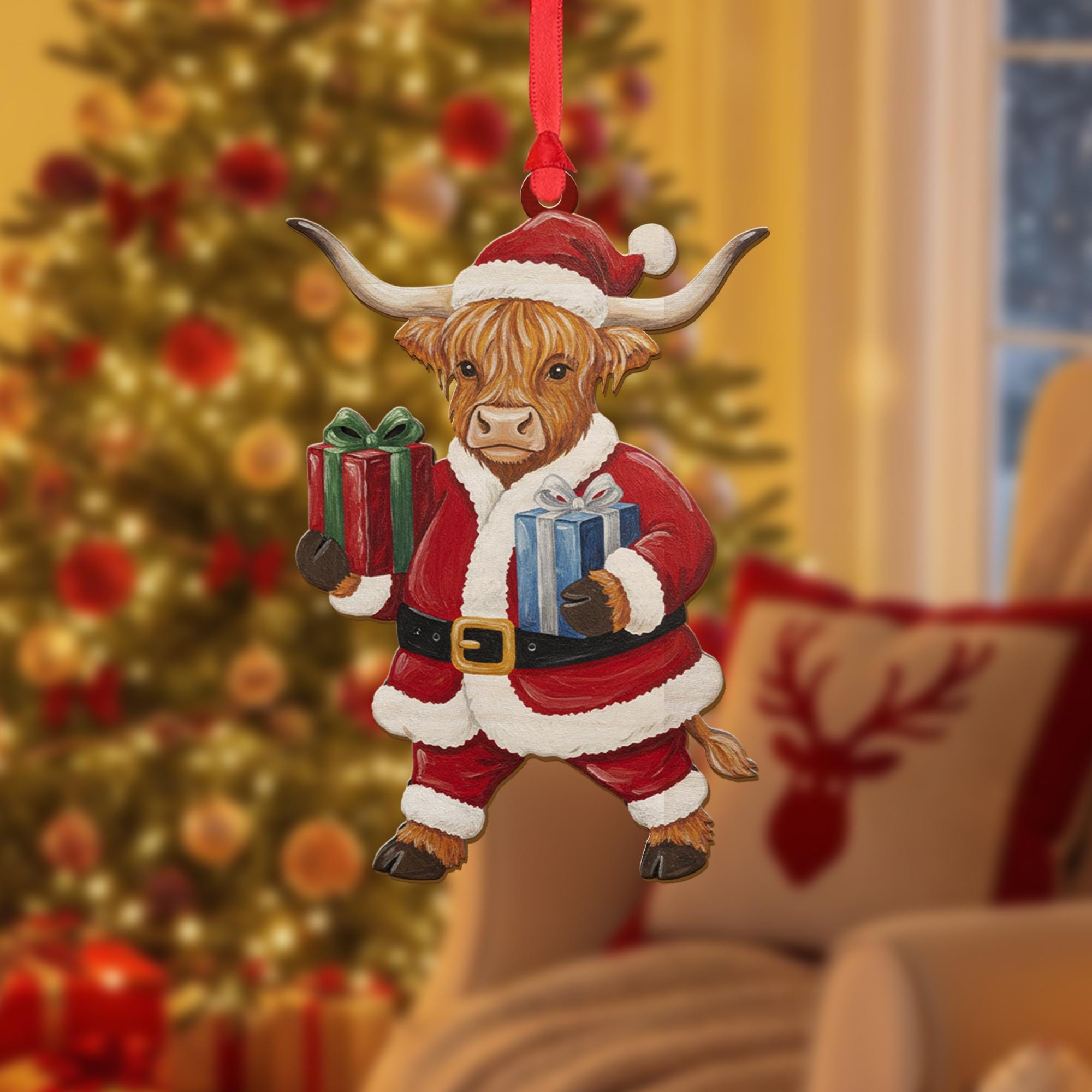 Wood Highland Cow Ornament in Santa Suit with Presents, Farm Animal Christmas Decoration