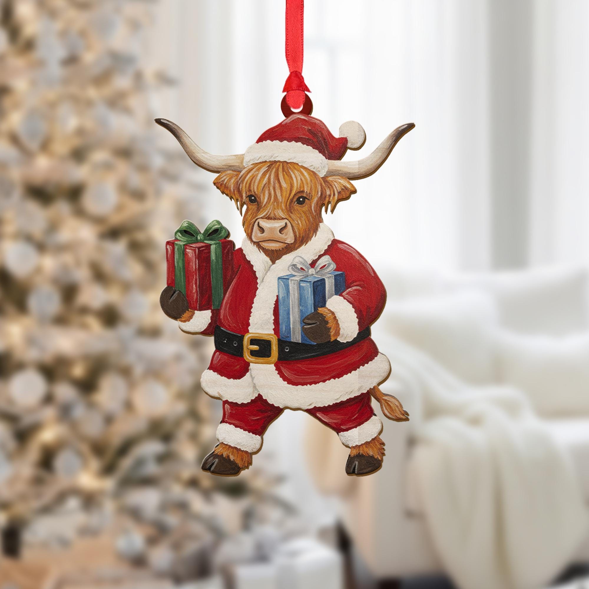 Wood Highland Cow Ornament in Santa Suit with Presents, Farm Animal Christmas Decoration