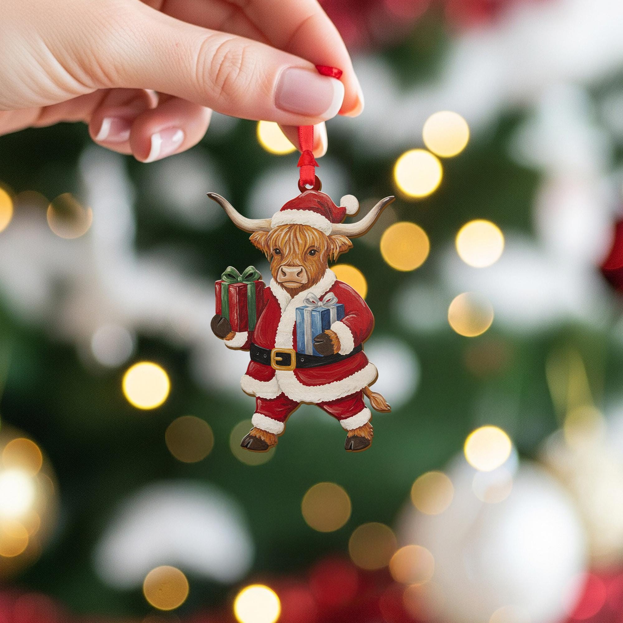 Wood Highland Cow Ornament in Santa Suit with Presents, Farm Animal Christmas Decoration