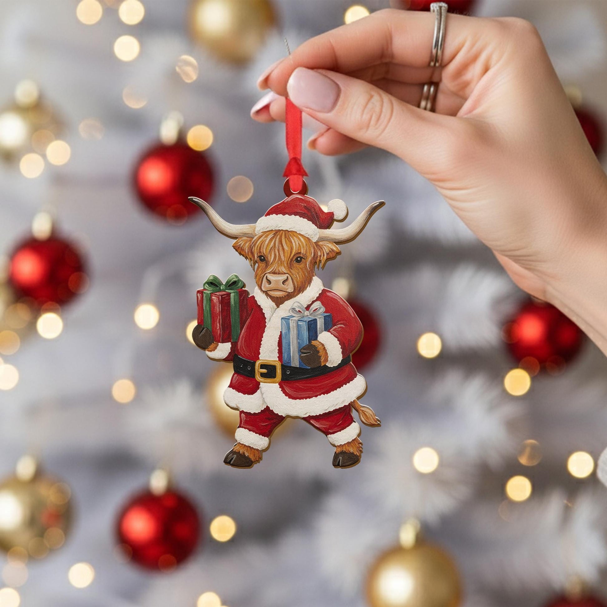 Wood Highland Cow Ornament in Santa Suit with Presents, Farm Animal Christmas Decoration
