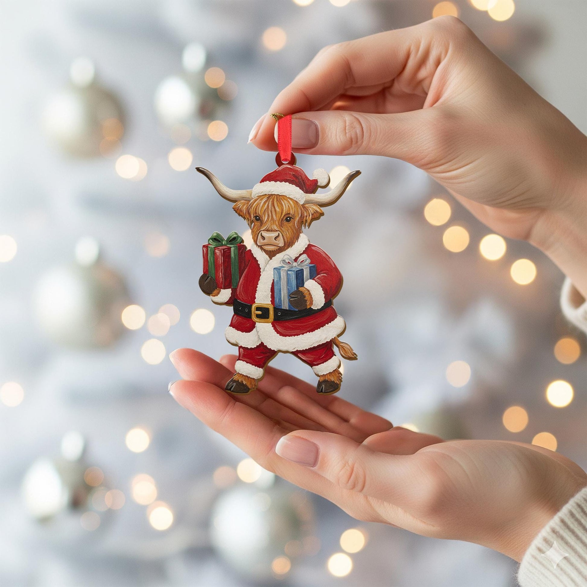 Wood Highland Cow Ornament in Santa Suit with Presents, Farm Animal Christmas Decoration