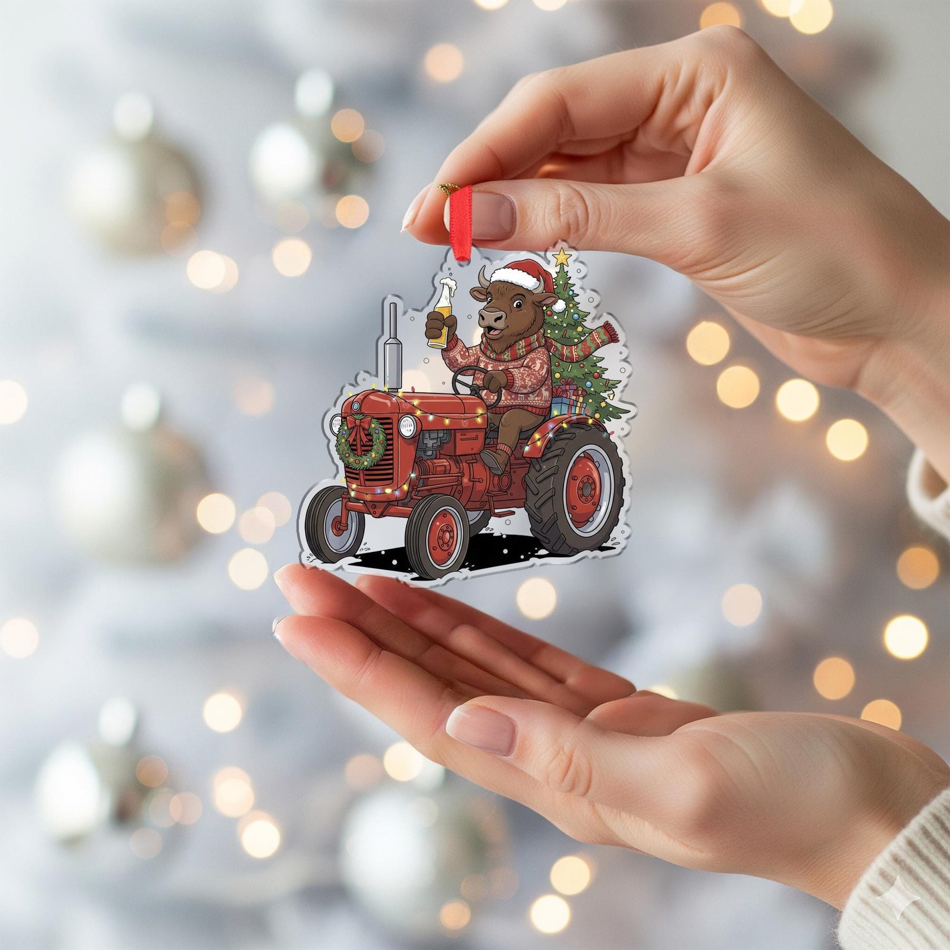 Buffalo Ornament on Tractor with Christmas Tree and Santa Hat, Farm Animal Holiday Decoration