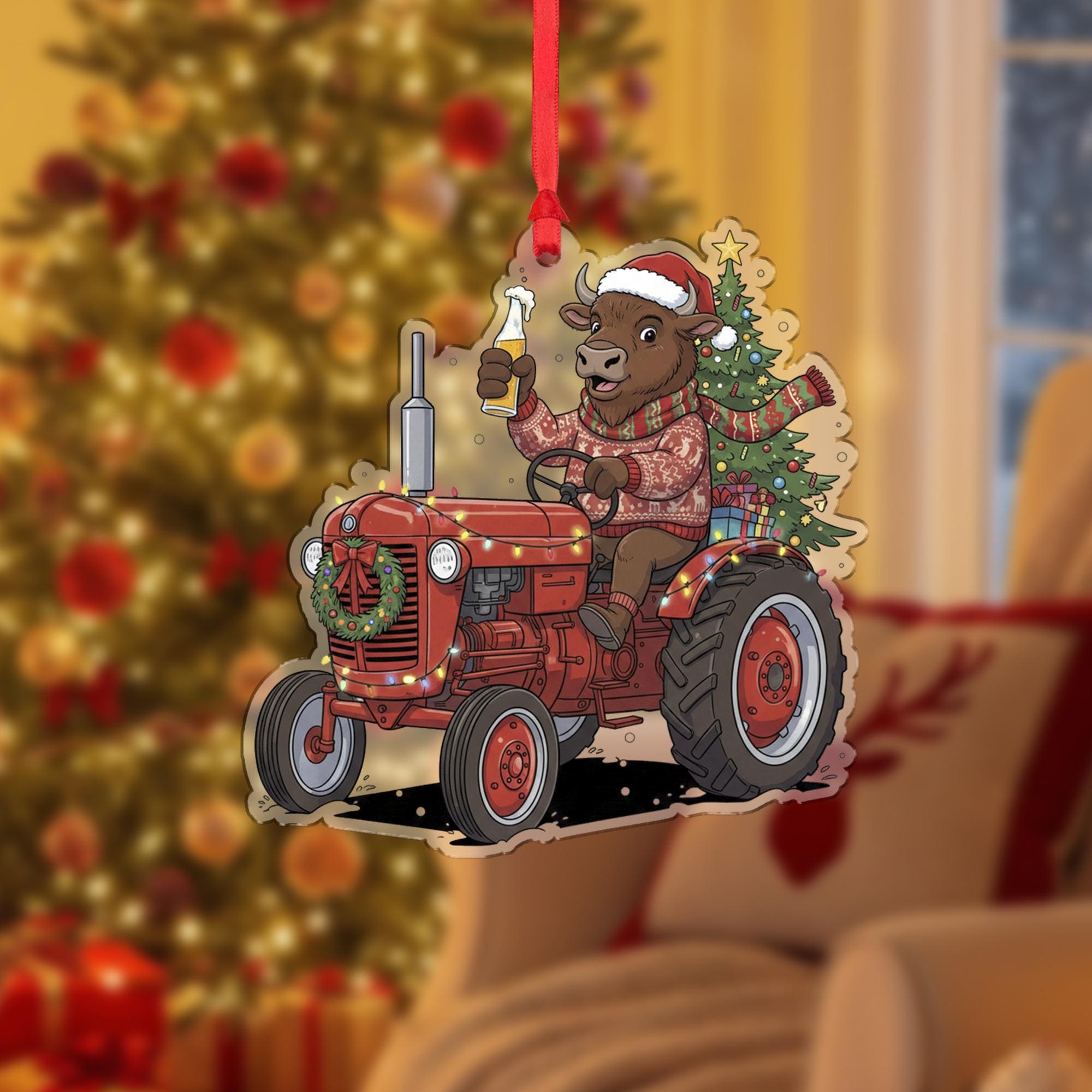 Buffalo Ornament on Tractor with Christmas Tree and Santa Hat, Farm Animal Holiday Decoration