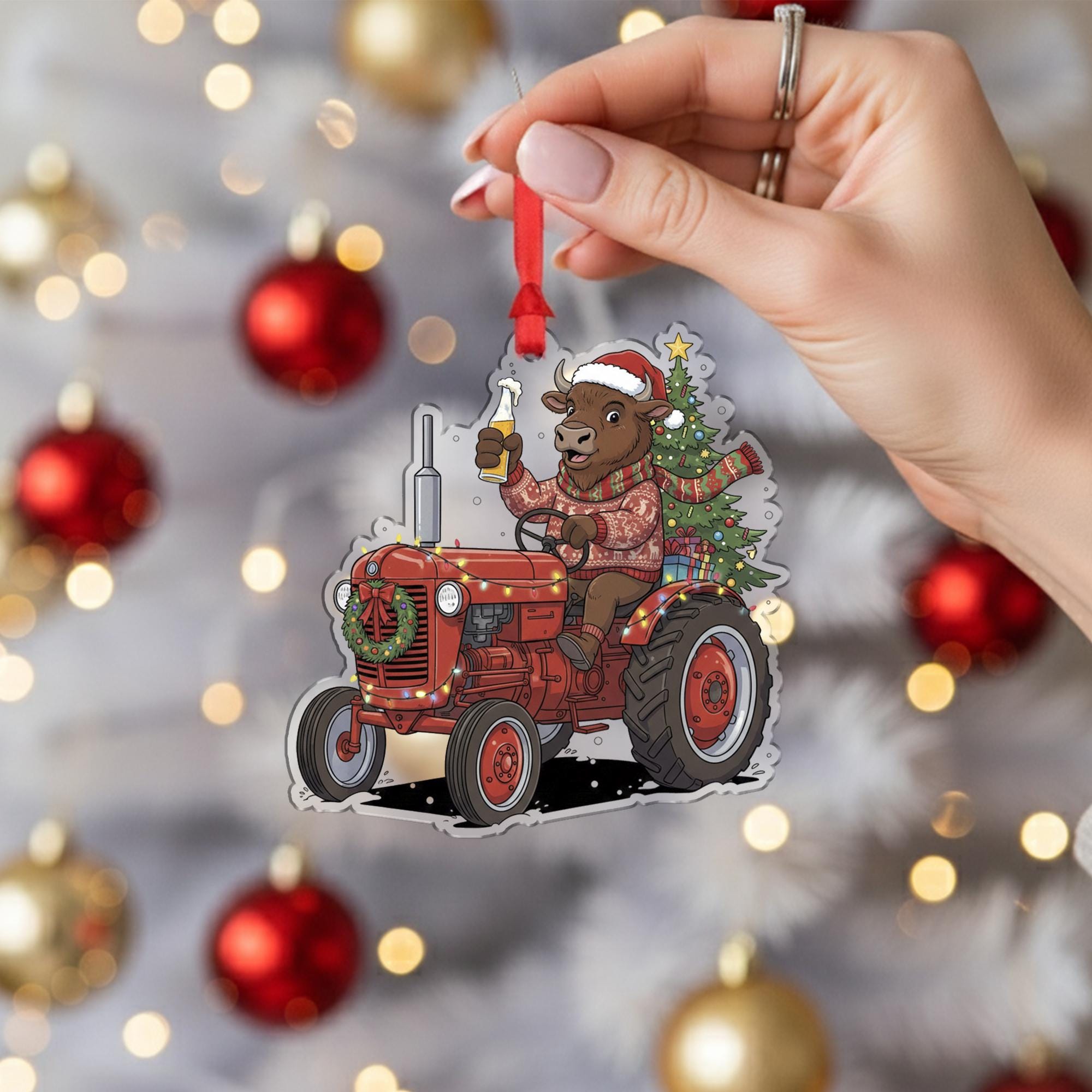 Buffalo Ornament on Tractor with Christmas Tree and Santa Hat, Farm Animal Holiday Decoration