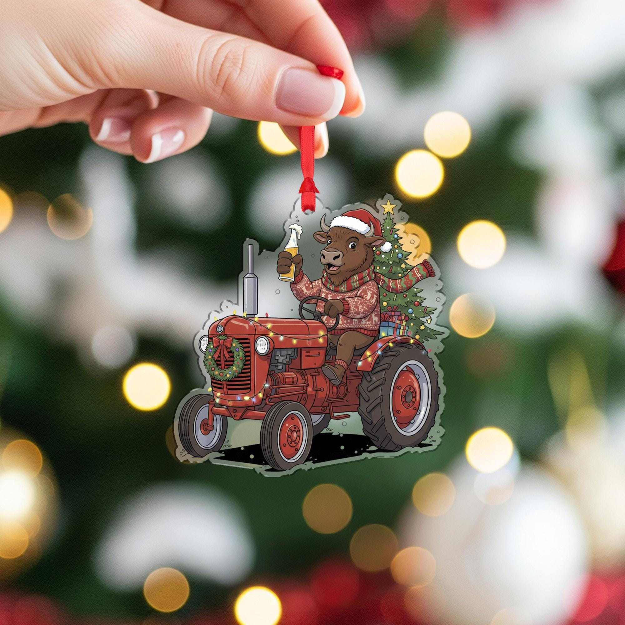 Buffalo Ornament on Tractor with Christmas Tree and Santa Hat, Farm Animal Holiday Decoration