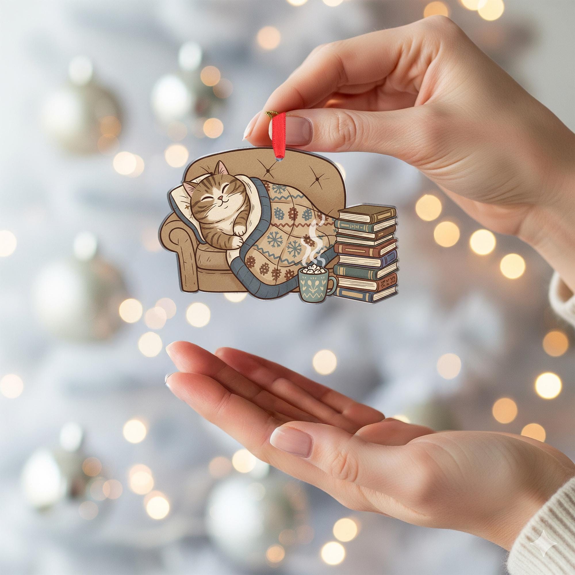 Cat Ornament on Sofa with Blanket and Books, Cozy Christmas Decoration with Hot Cocoa