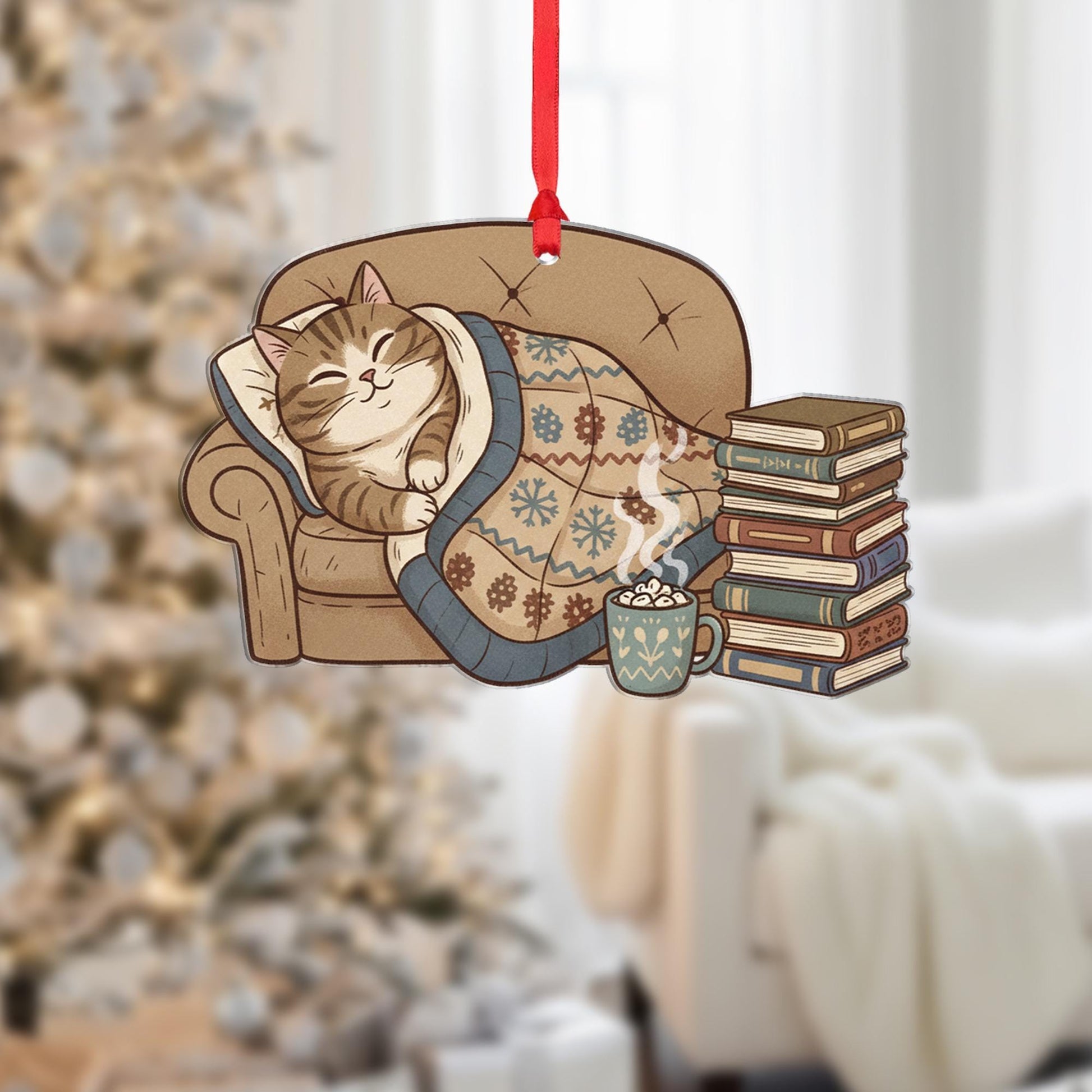 Cat Ornament on Sofa with Blanket and Books, Cozy Christmas Decoration with Hot Cocoa
